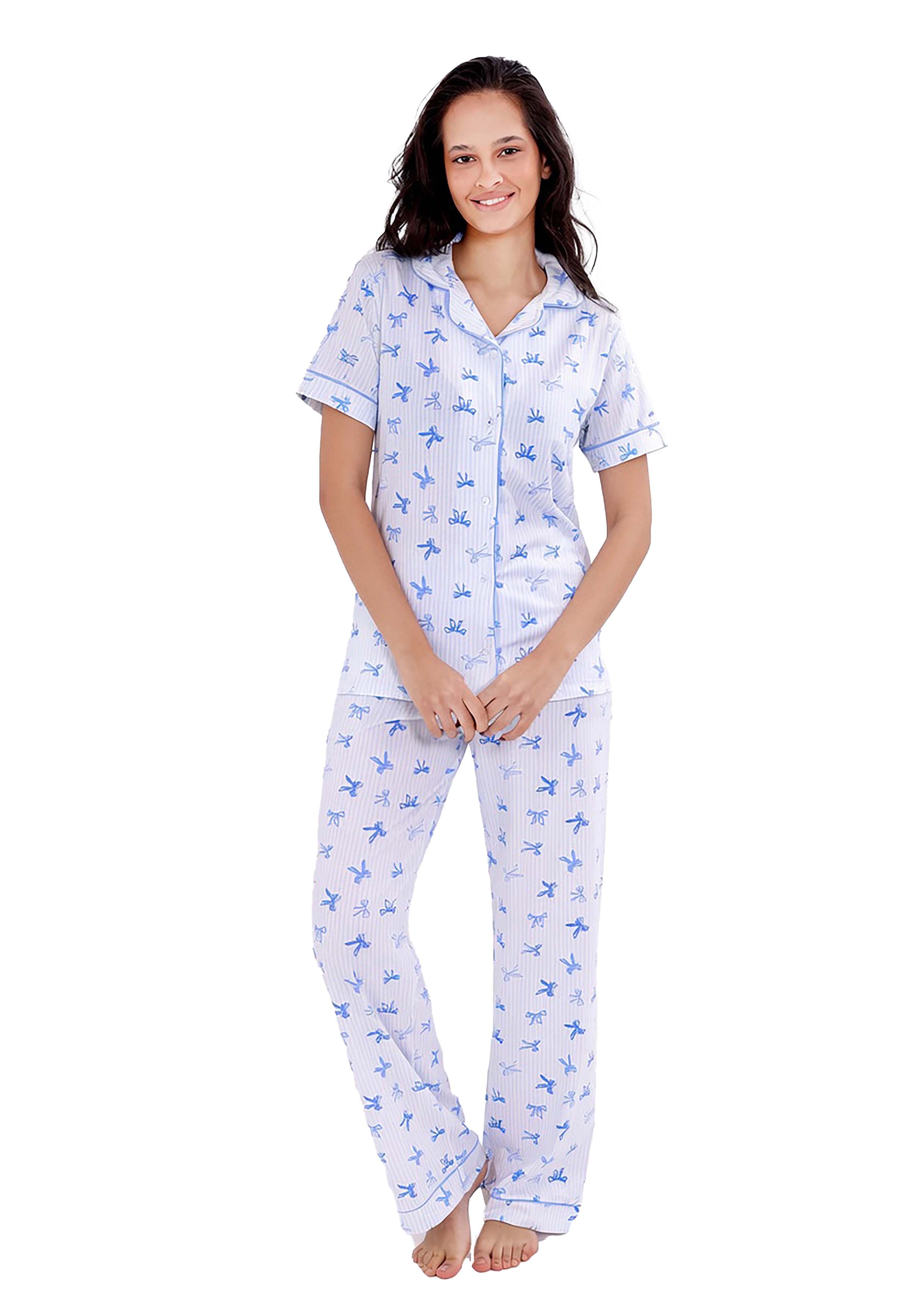 L414 PINK RIBBONS SHORT SLEEVE BUTTON-UP PAJAMA SET