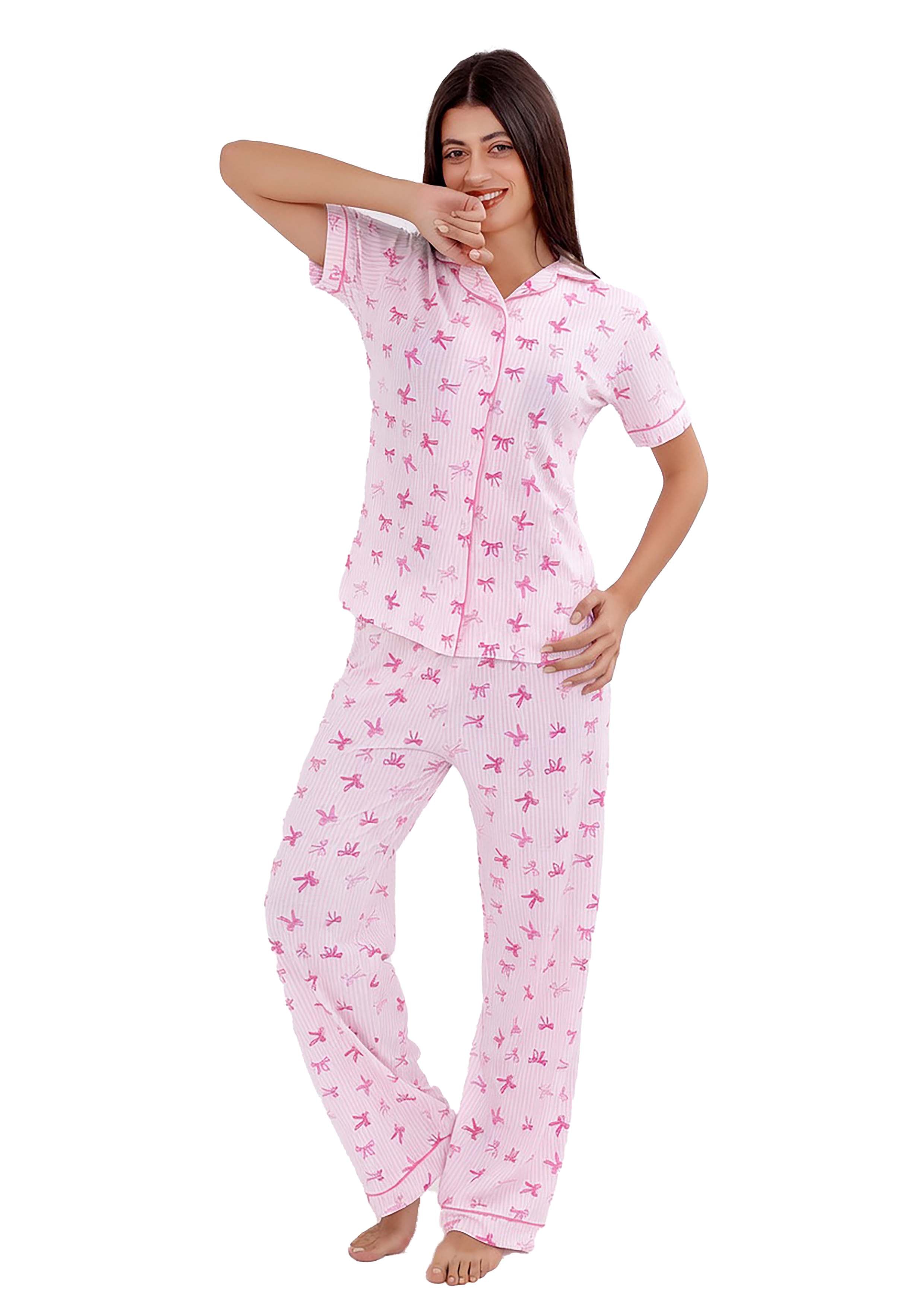 L414 PINK RIBBONS SHORT SLEEVE BUTTON-UP PAJAMA SET