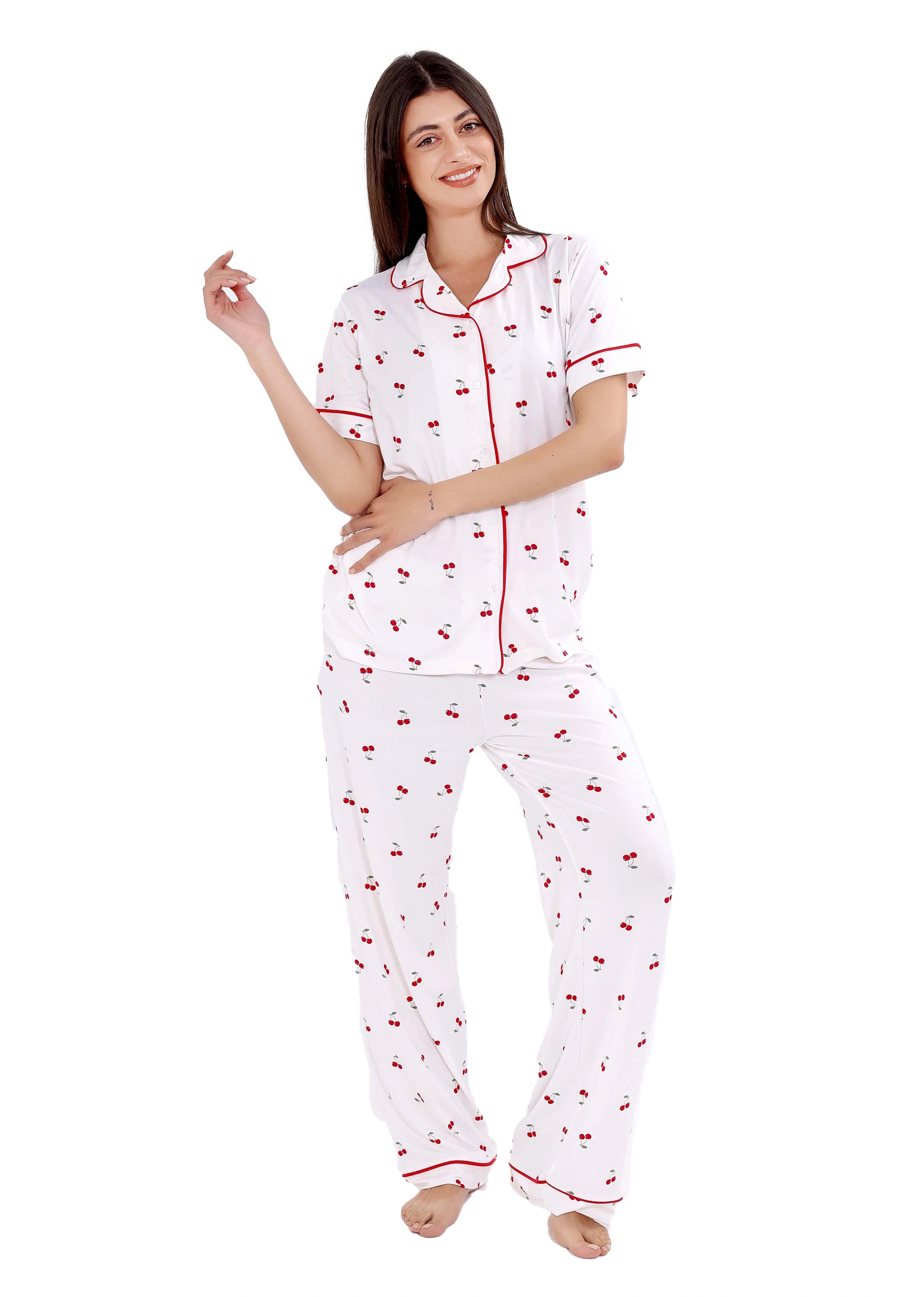 W404 SUMMER CHERRIES BUTTON-UP PAJAMA SET