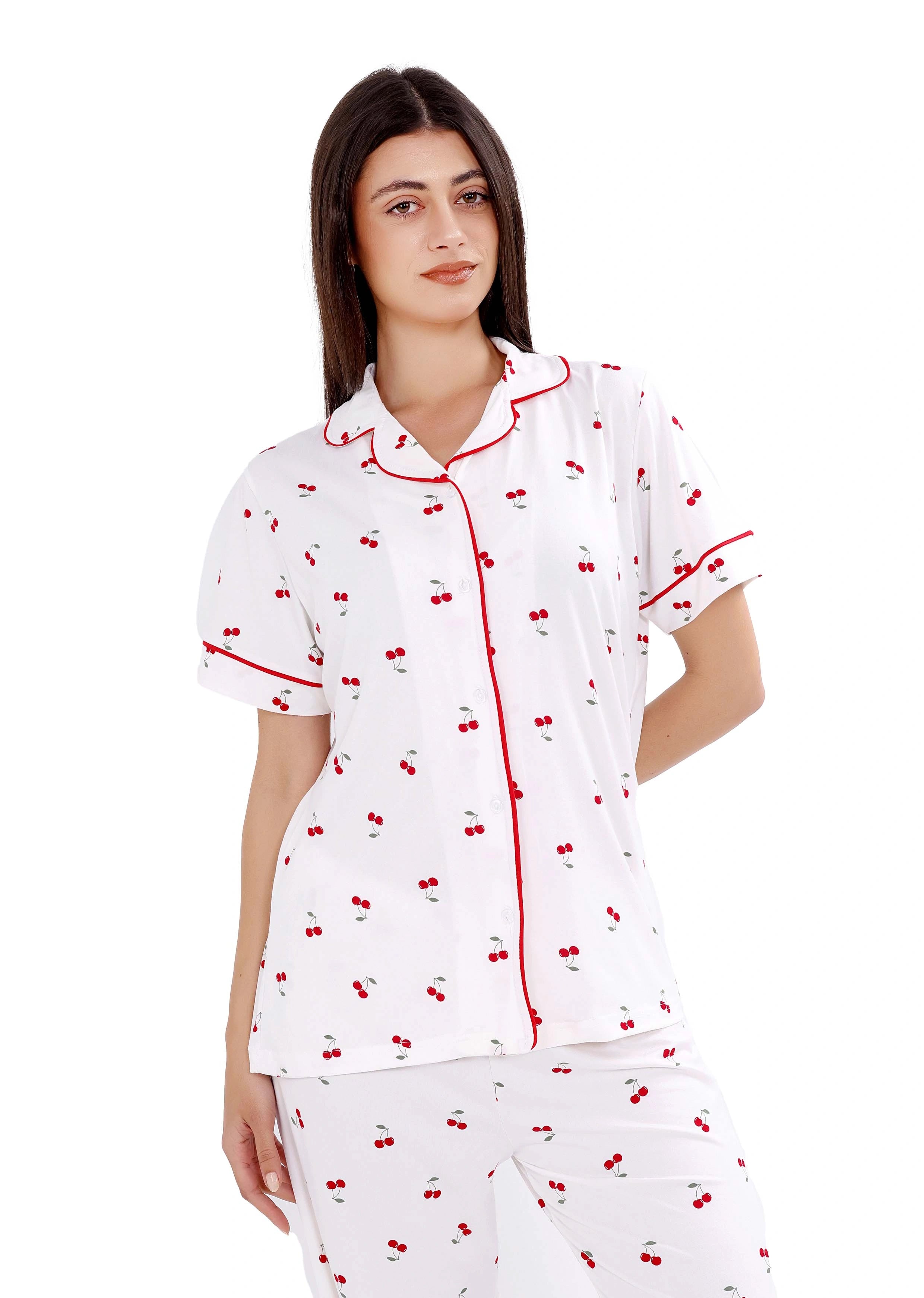 W404 SUMMER CHERRIES BUTTON-UP PAJAMA SET