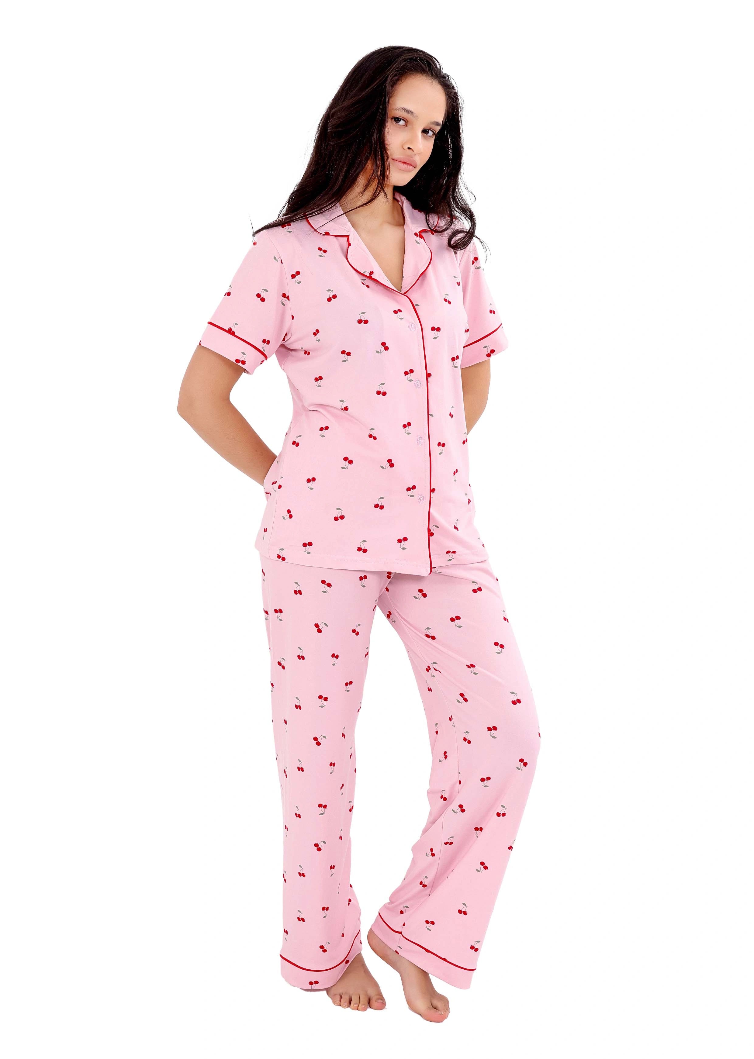 W404 SUMMER CHERRIES BUTTON-UP PAJAMA SET