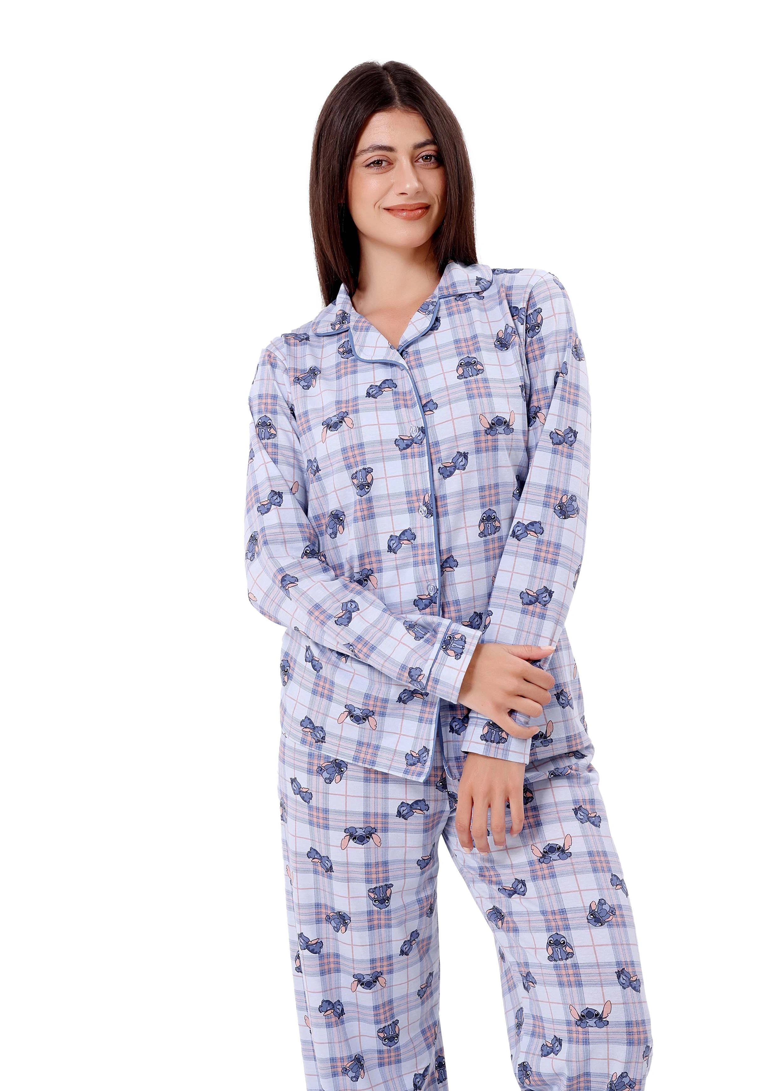 L607 STITCH BLUE & PINK LONG-SLEEVE BUTTON-UP PAJAMA SET