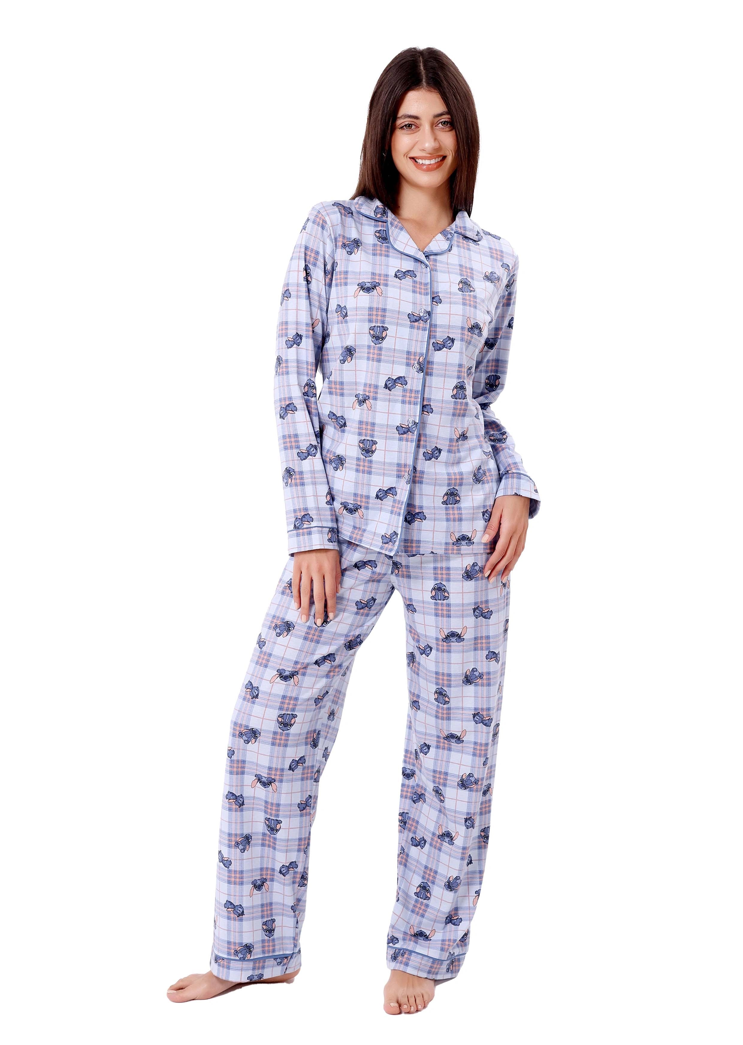 L607 STITCH BLUE & PINK LONG-SLEEVE BUTTON-UP PAJAMA SET