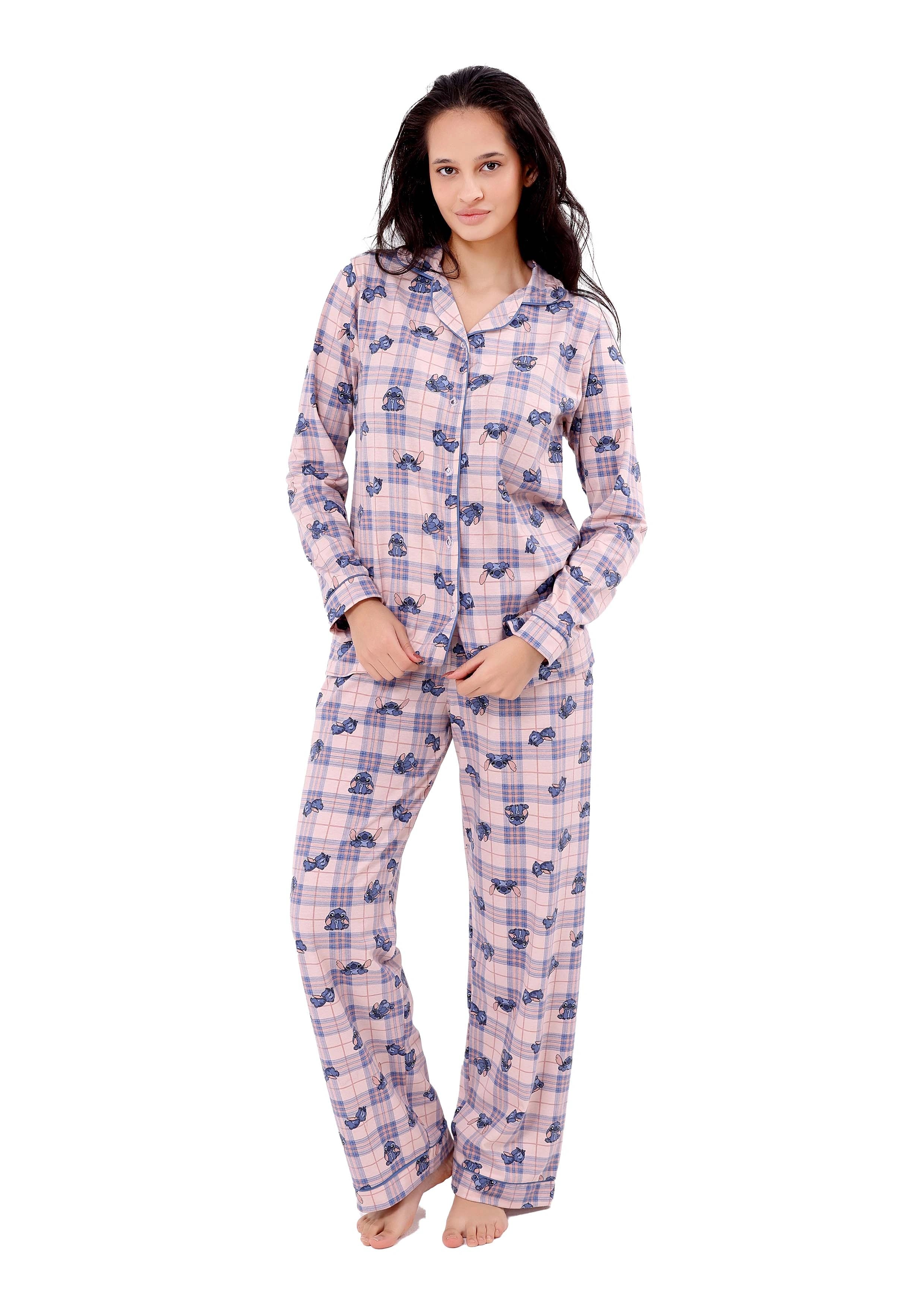 L607 STITCH BLUE & PINK LONG-SLEEVE BUTTON-UP PAJAMA SET