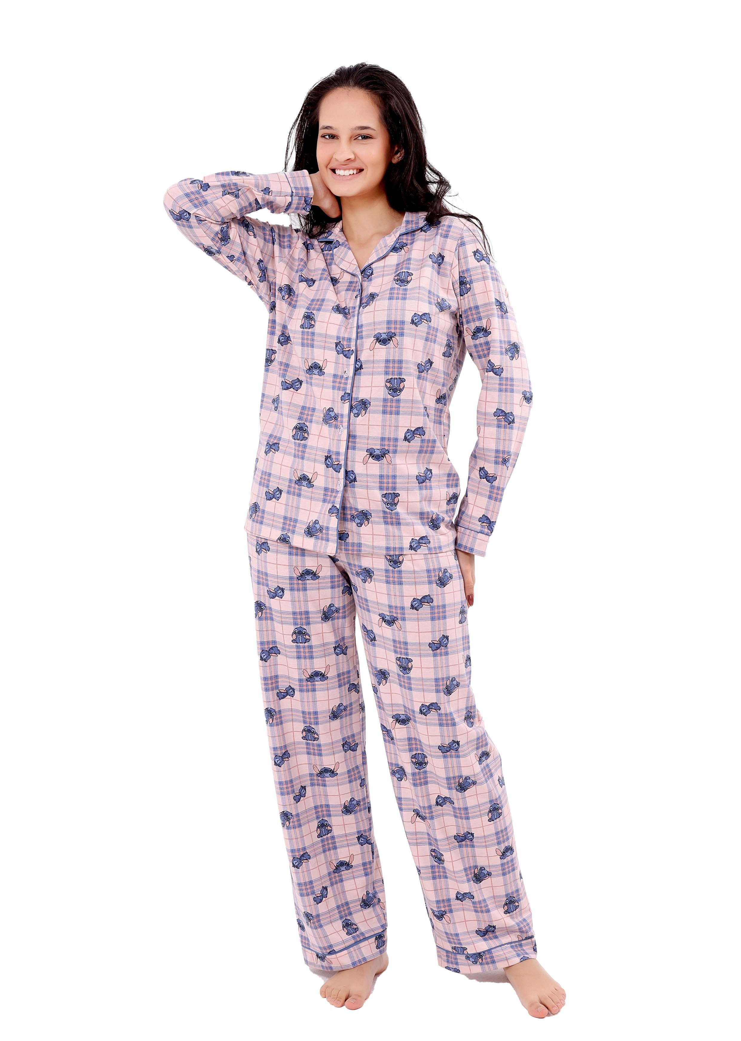 L607 STITCH BLUE & PINK LONG-SLEEVE BUTTON-UP PAJAMA SET