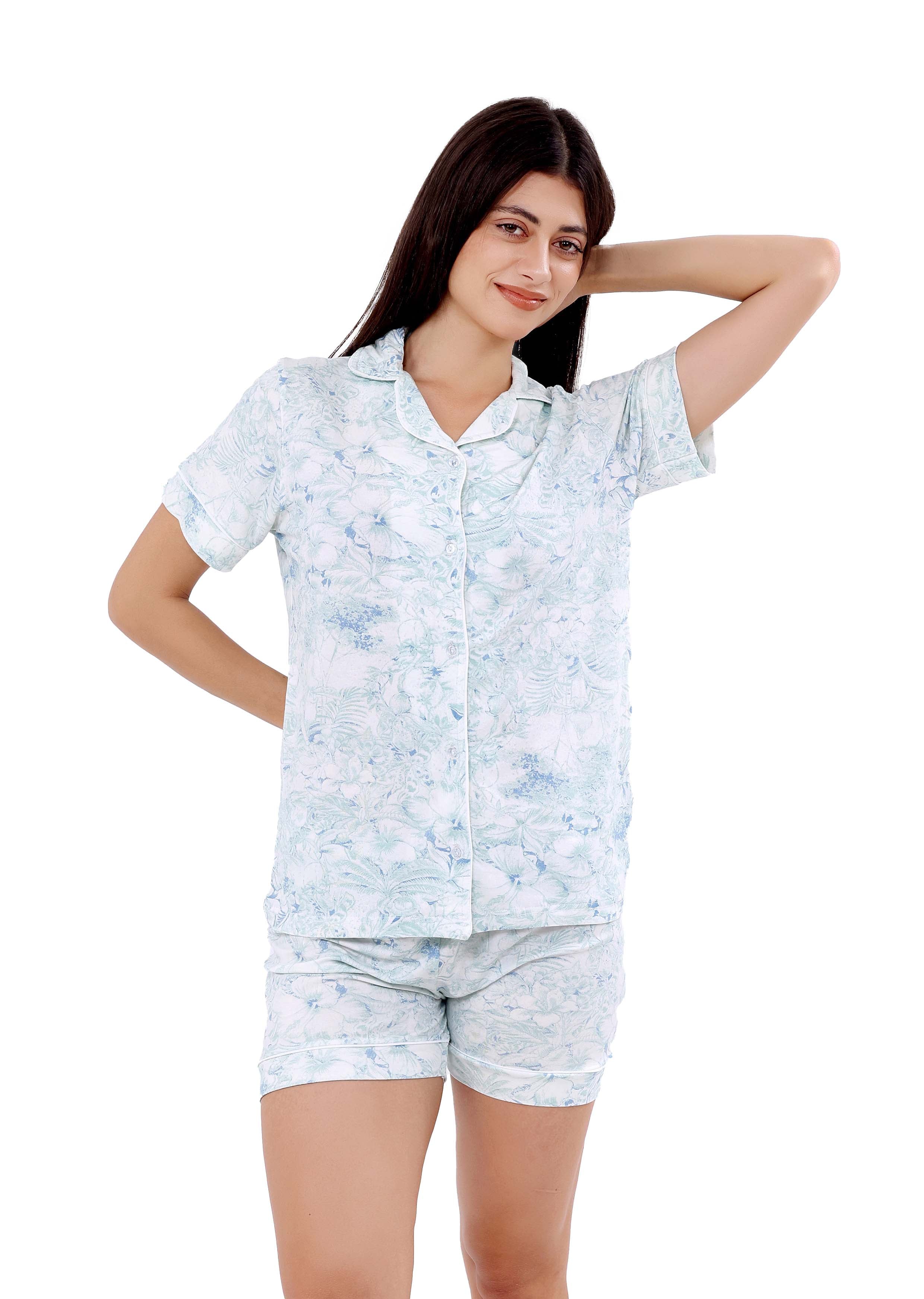 K506 SPRING TULIPS BUTTON-UP SHORTS PAJAMA SET