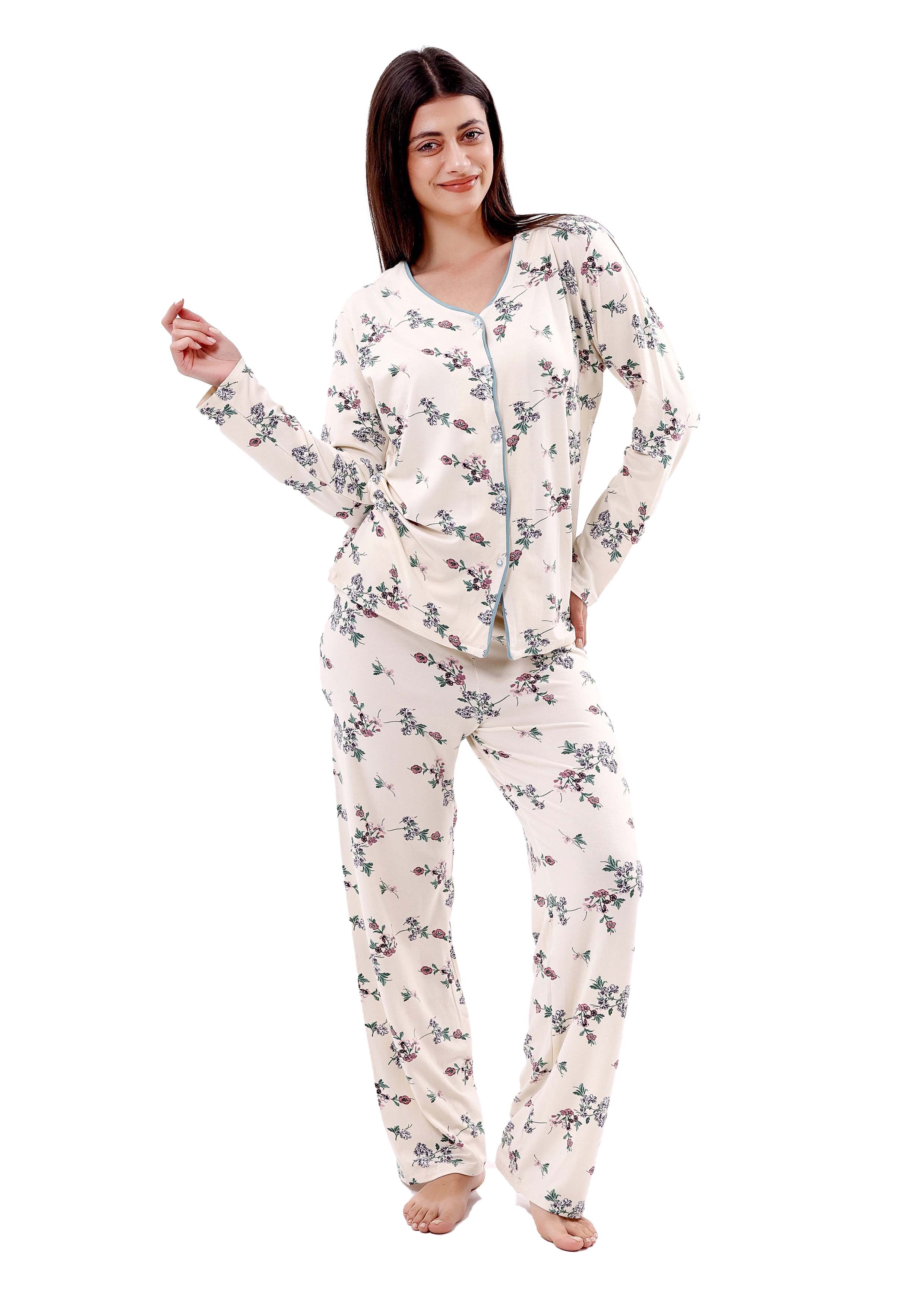 K616 PASTEL FLOWERS LONG-SLEEVE BUTTON-UP PAJAMA SET