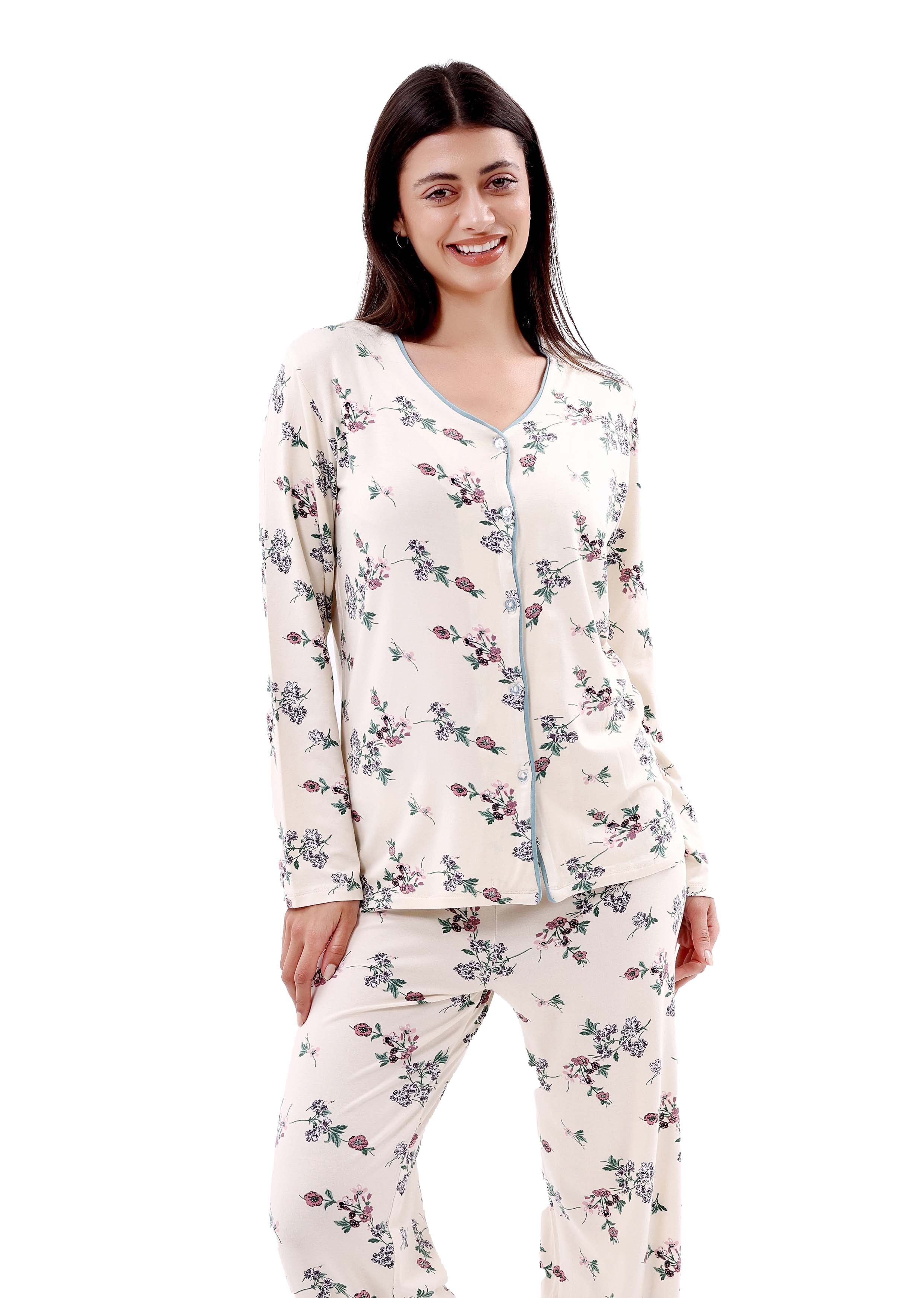 K616 PASTEL FLOWERS LONG-SLEEVE BUTTON-UP PAJAMA SET