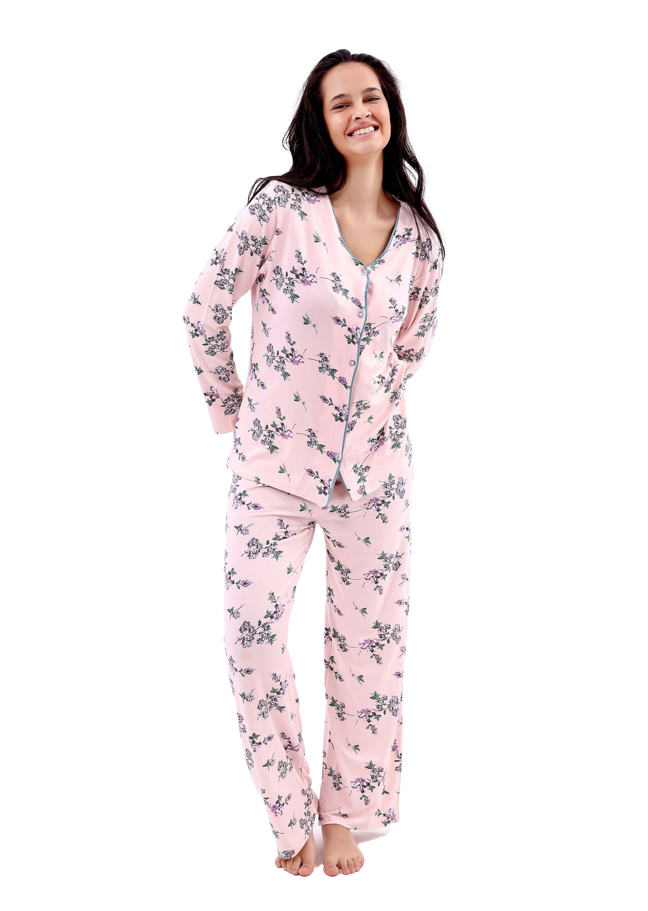K616 PASTEL FLOWERS LONG-SLEEVE BUTTON-UP PAJAMA SET