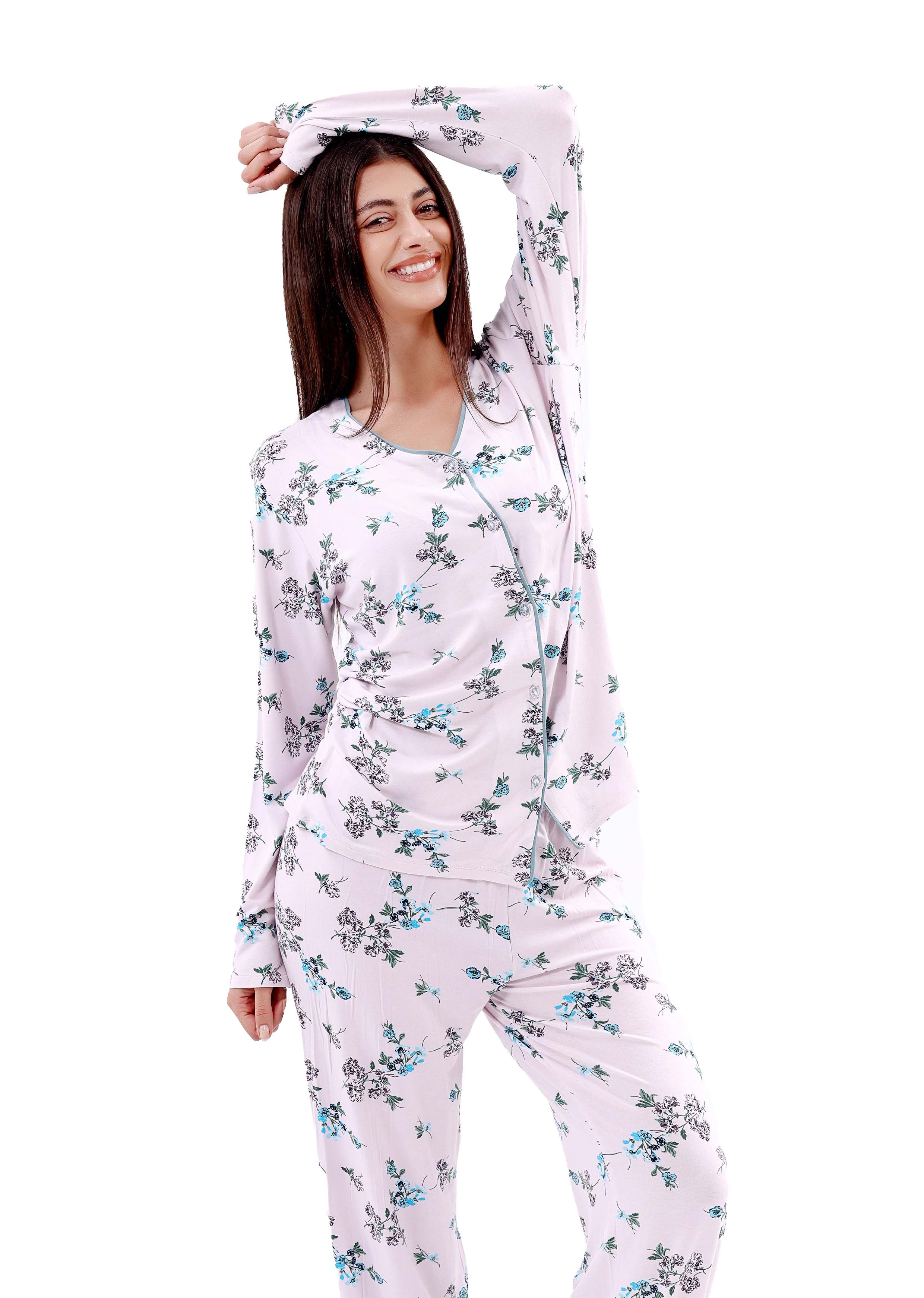 K616 PASTEL FLOWERS LONG-SLEEVE BUTTON-UP PAJAMA SET