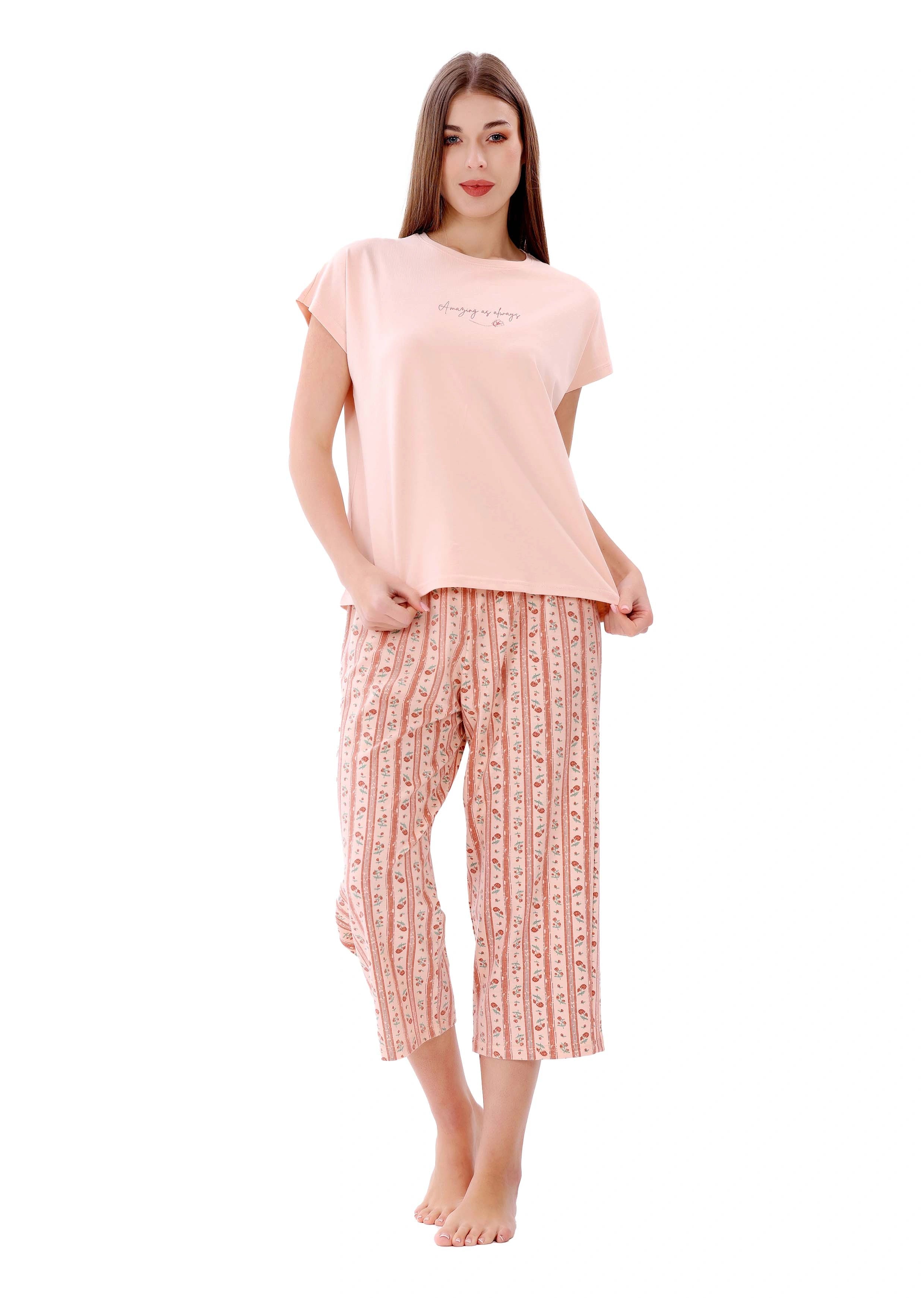 L305 RED & ORANGE ROSES CAPRI PANTS PAJAMA SET