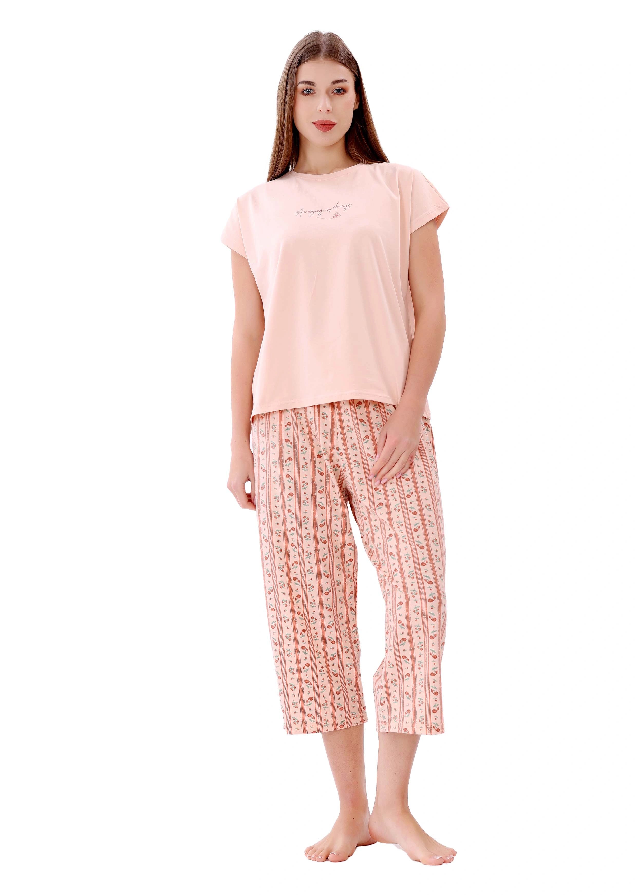 L305 RED & ORANGE ROSES CAPRI PANTS PAJAMA SET