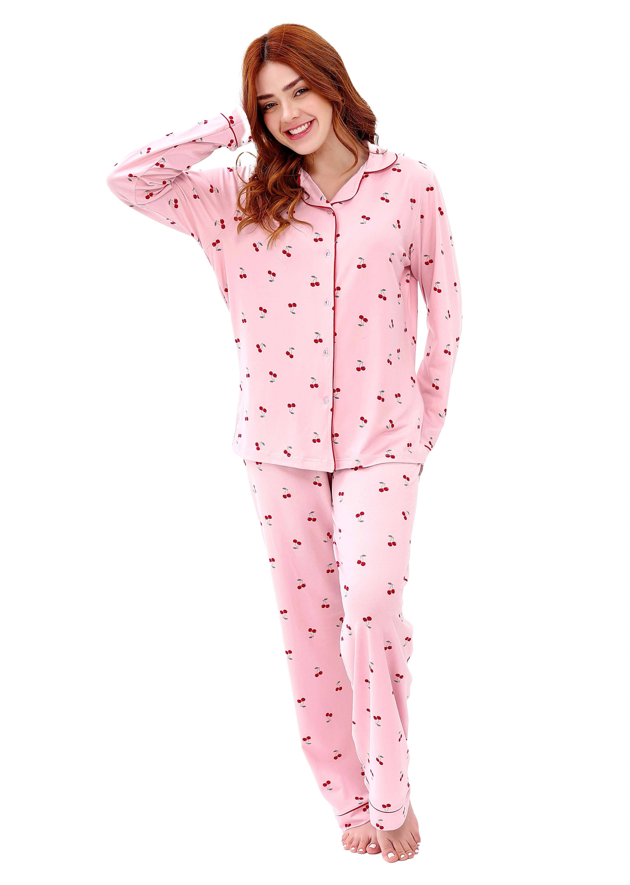 W606 SUMMER CHERRIES LONG-SLEEVE BUTTON-UP PAJAMA SET