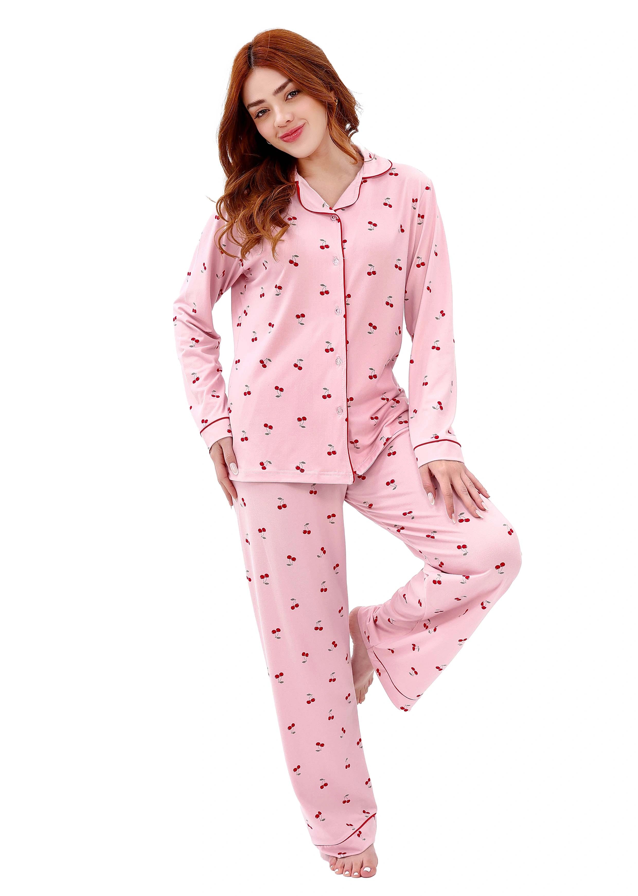 W606 SUMMER CHERRIES LONG-SLEEVE BUTTON-UP PAJAMA SET