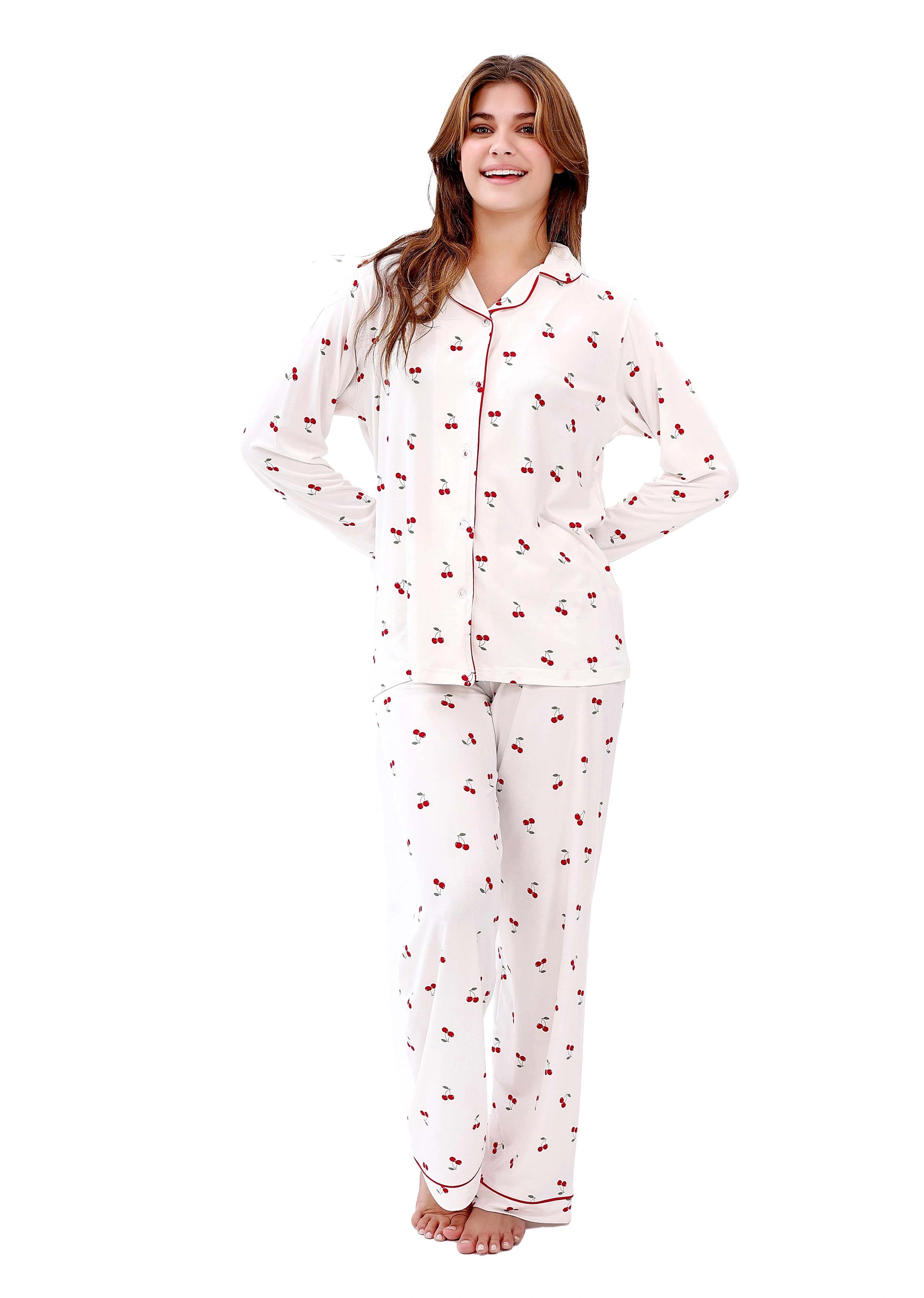 W606 SUMMER CHERRIES LONG-SLEEVE BUTTON-UP PAJAMA SET