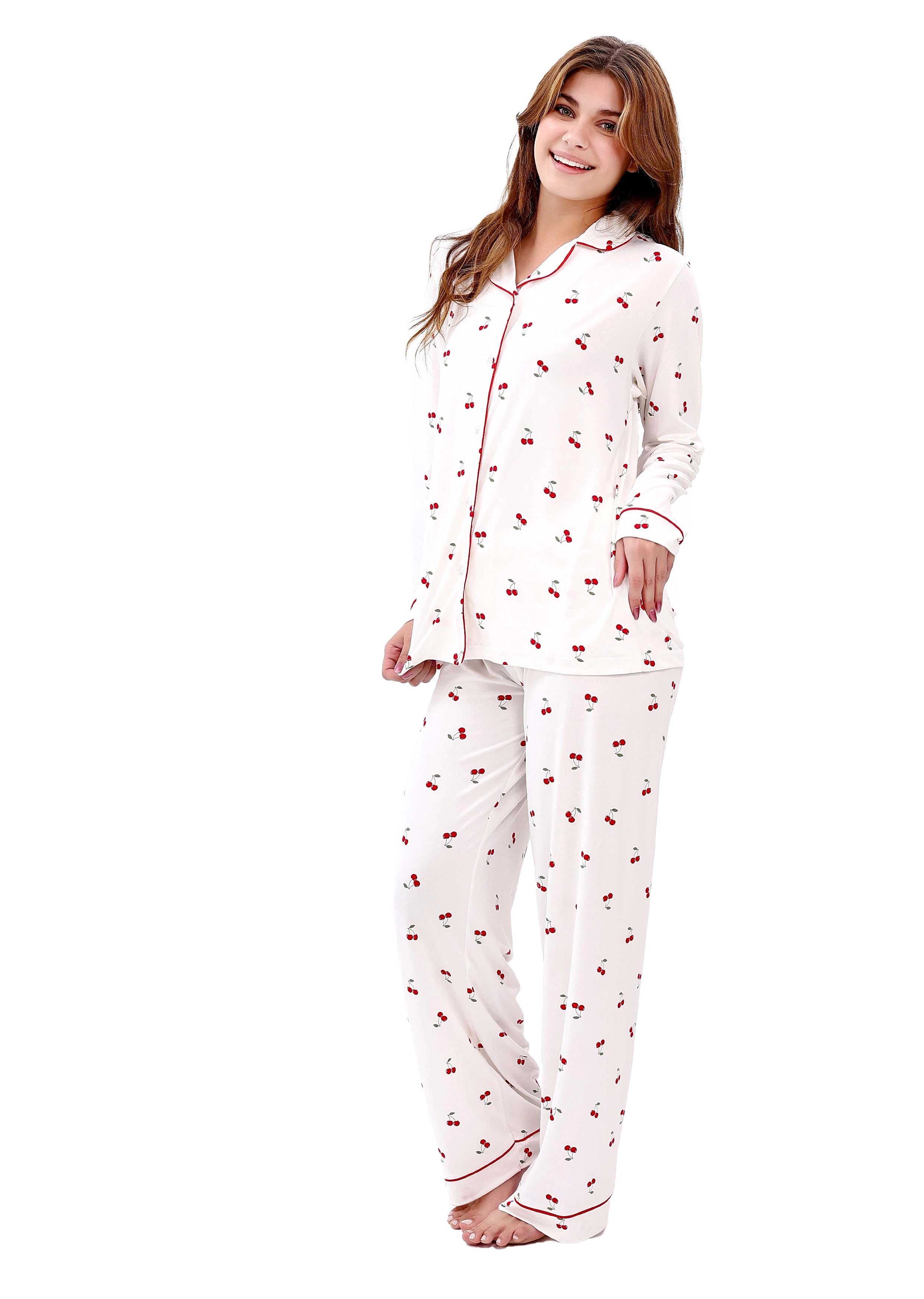 W606 SUMMER CHERRIES LONG-SLEEVE BUTTON-UP PAJAMA SET