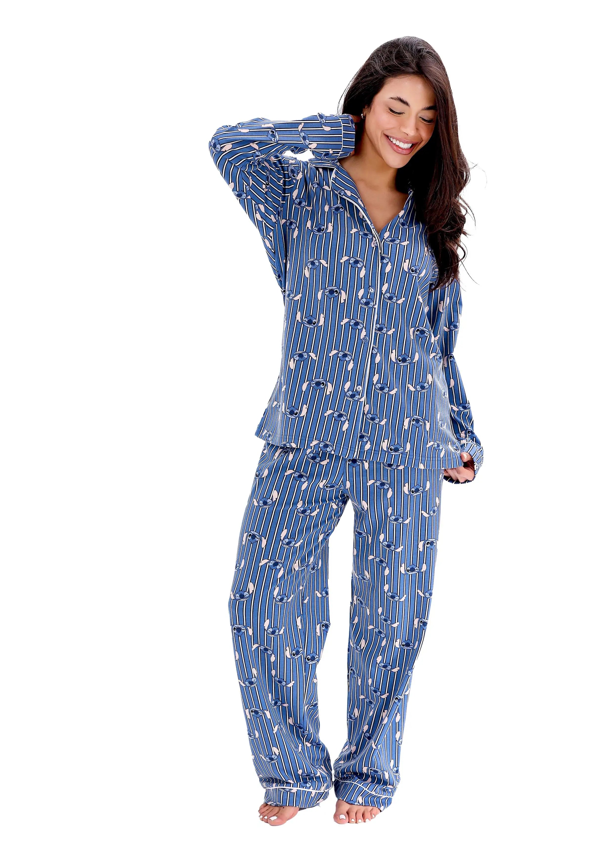 L604 STITCH STRIPE LONG-SLEEVE BUTTON-UP PAJAMA SET
