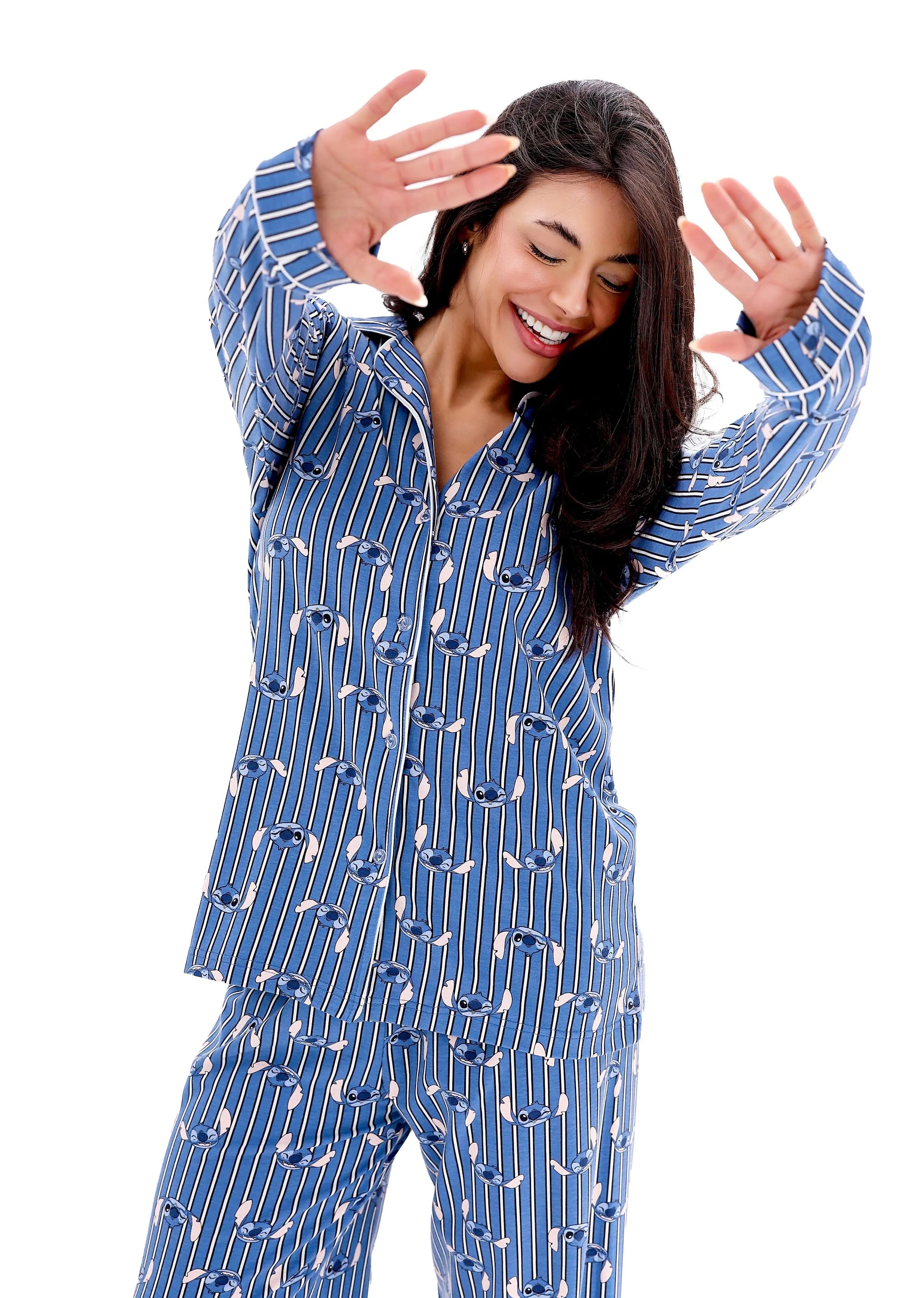 L604 STITCH STRIPE LONG-SLEEVE BUTTON-UP PAJAMA SET