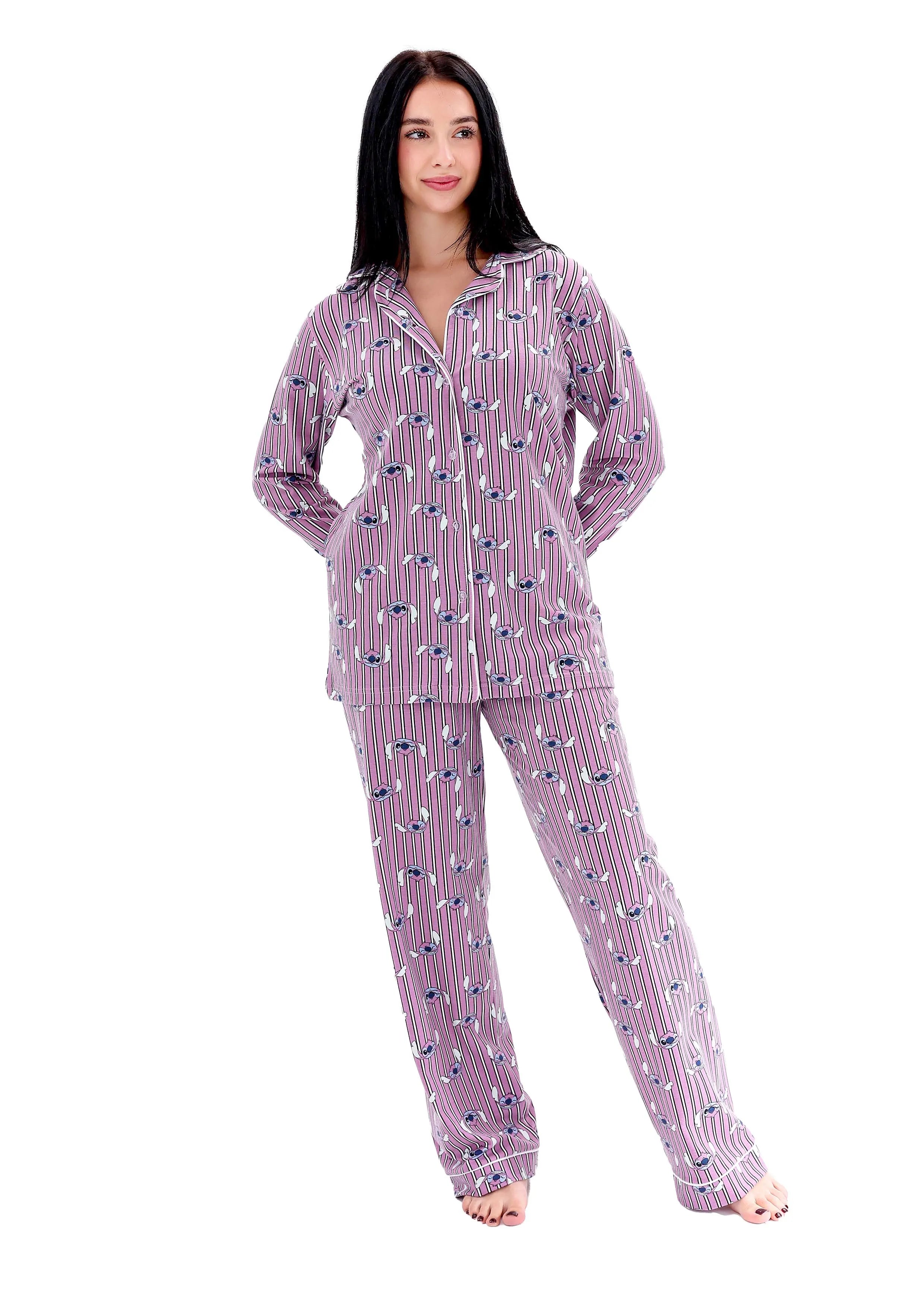 L604 STITCH STRIPE LONG-SLEEVE BUTTON-UP PAJAMA SET