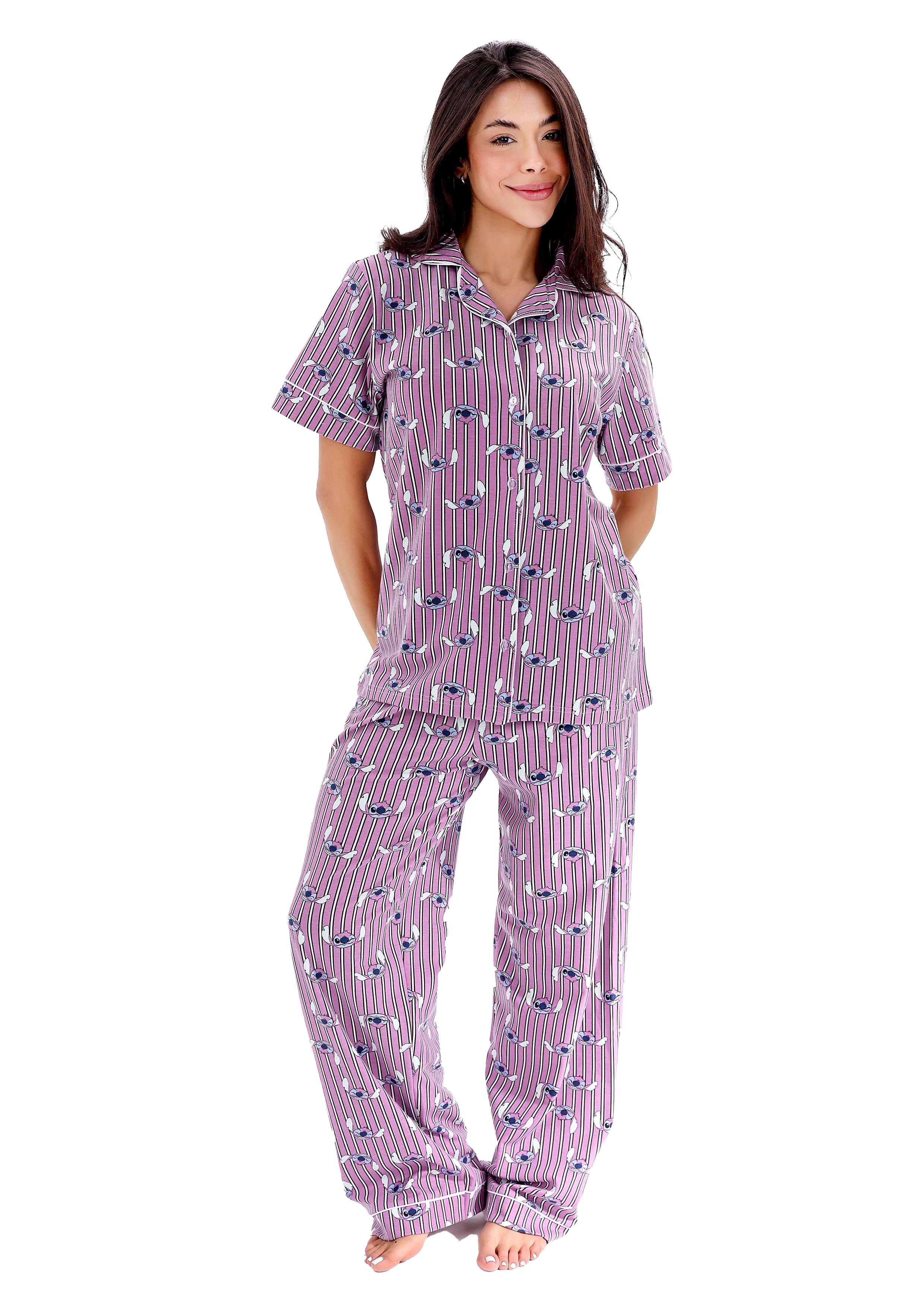 L404 STITCH STRIPE SHORT-SLEEVE BUTTON-UP PAJAMA SET