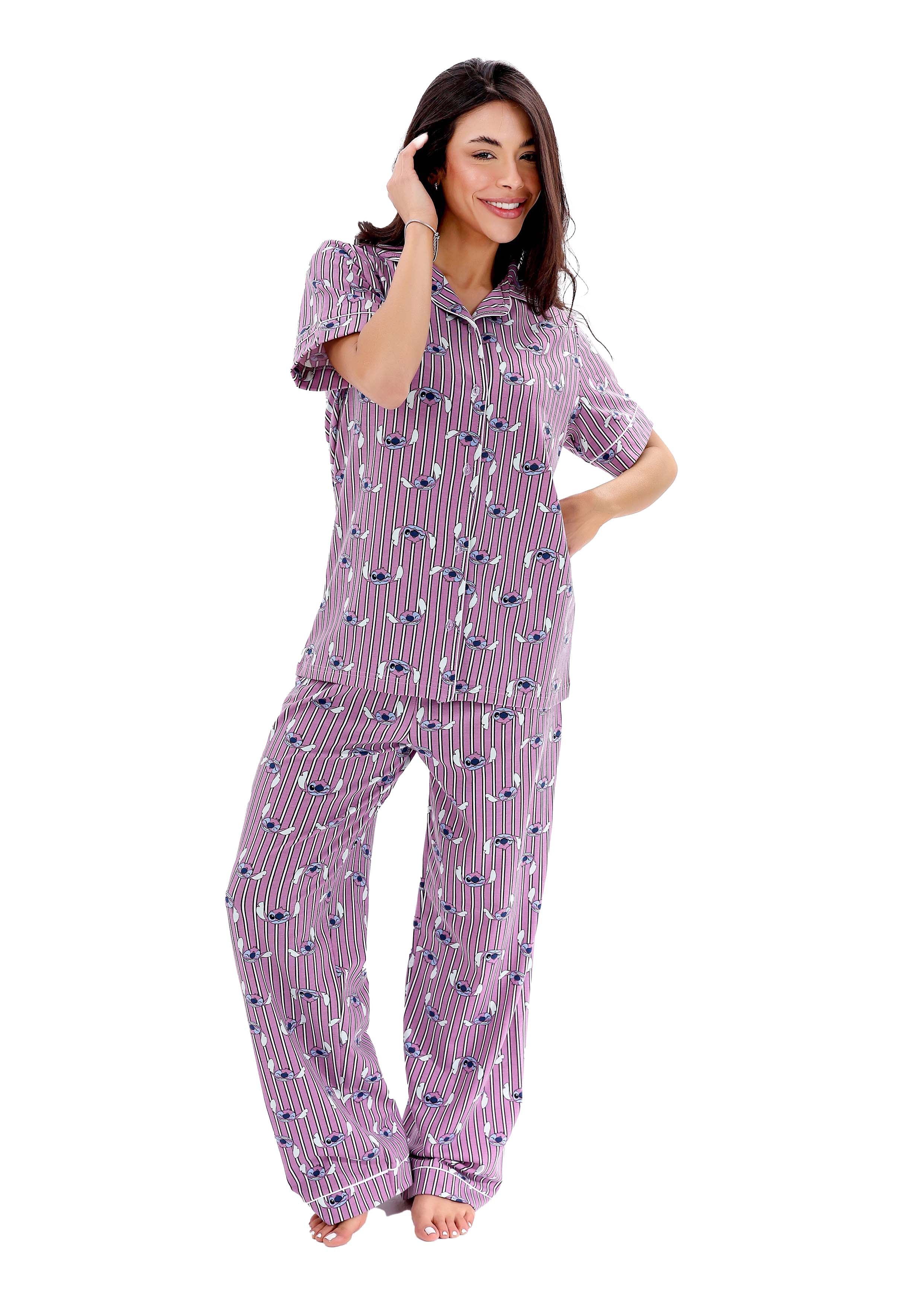 L404 STITCH STRIPE SHORT-SLEEVE BUTTON-UP PAJAMA SET