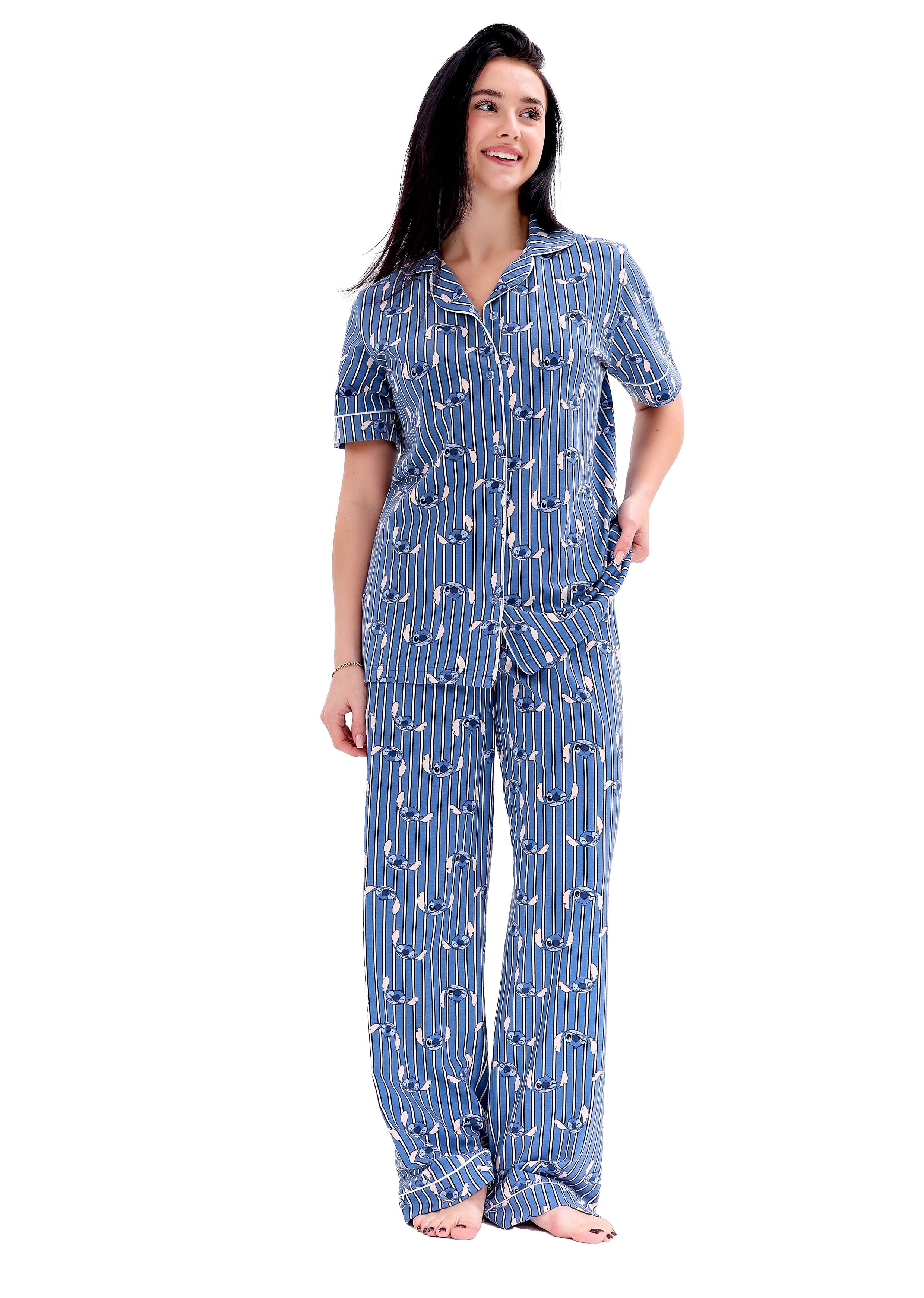 L404 STITCH STRIPE SHORT-SLEEVE BUTTON-UP PAJAMA SET