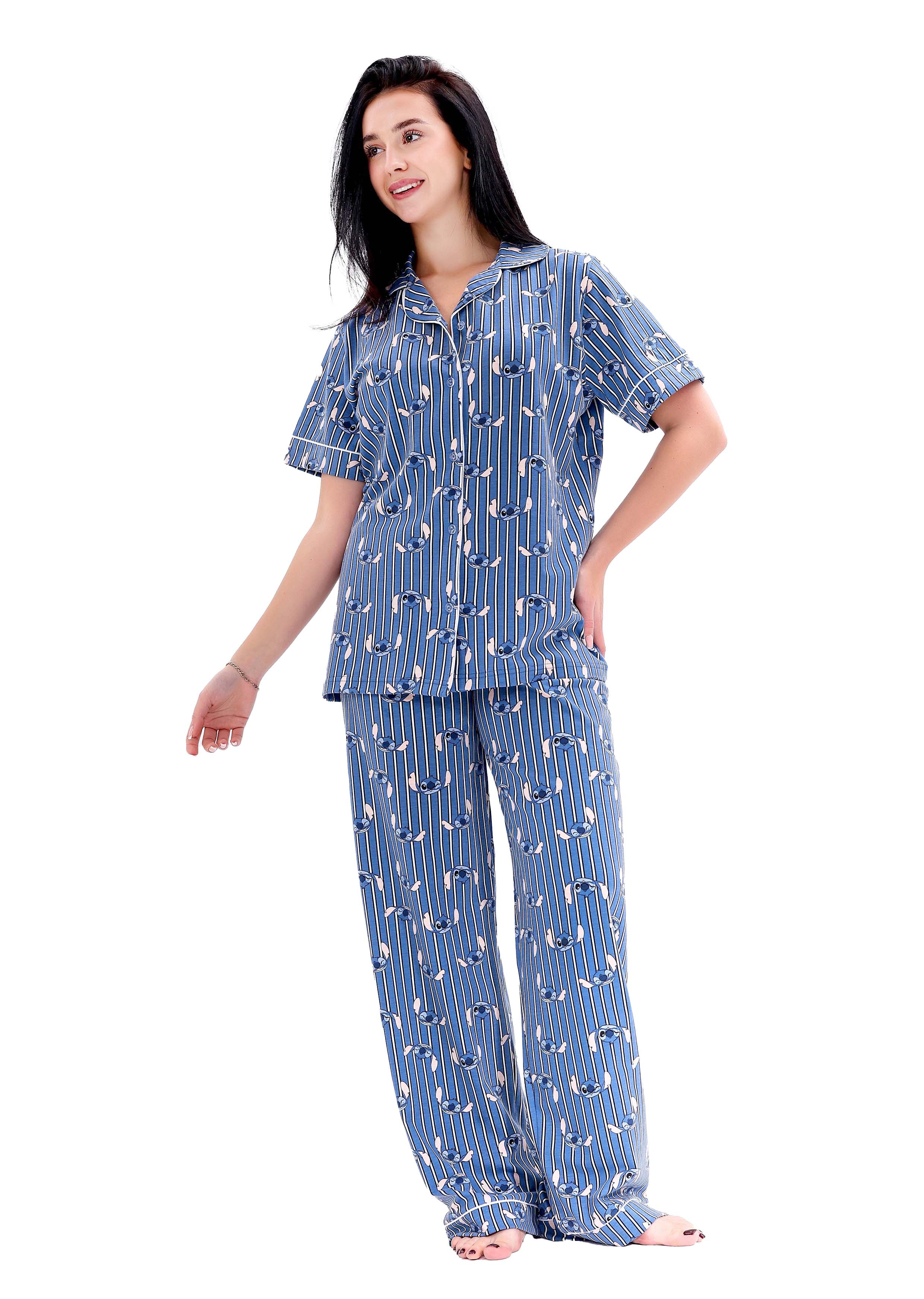 L404 STITCH STRIPE SHORT-SLEEVE BUTTON-UP PAJAMA SET