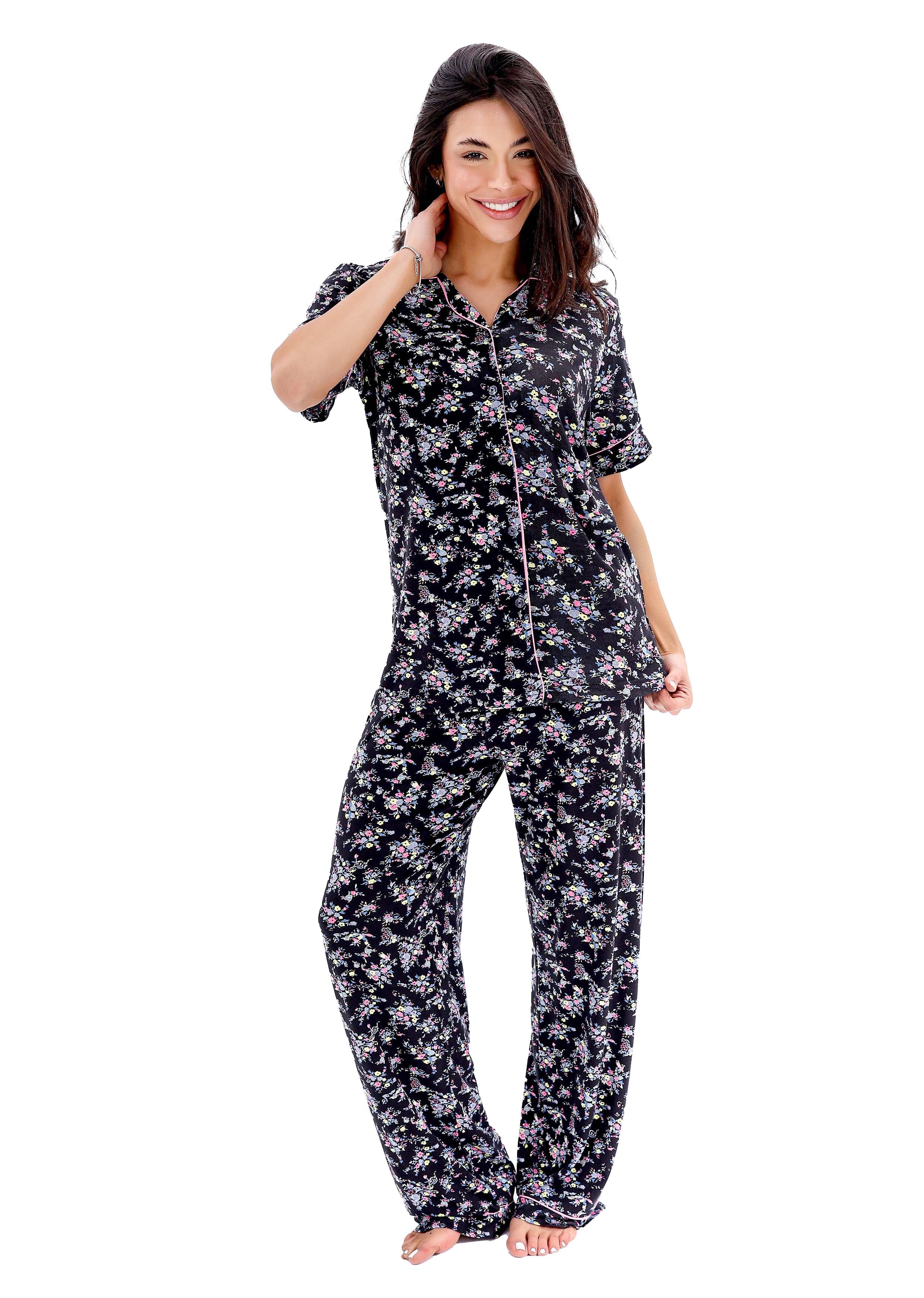 K402 MIDNIGHT SPRING GARDEN SHORT-SLEEVE BUTTON-UP PAJAMA SET