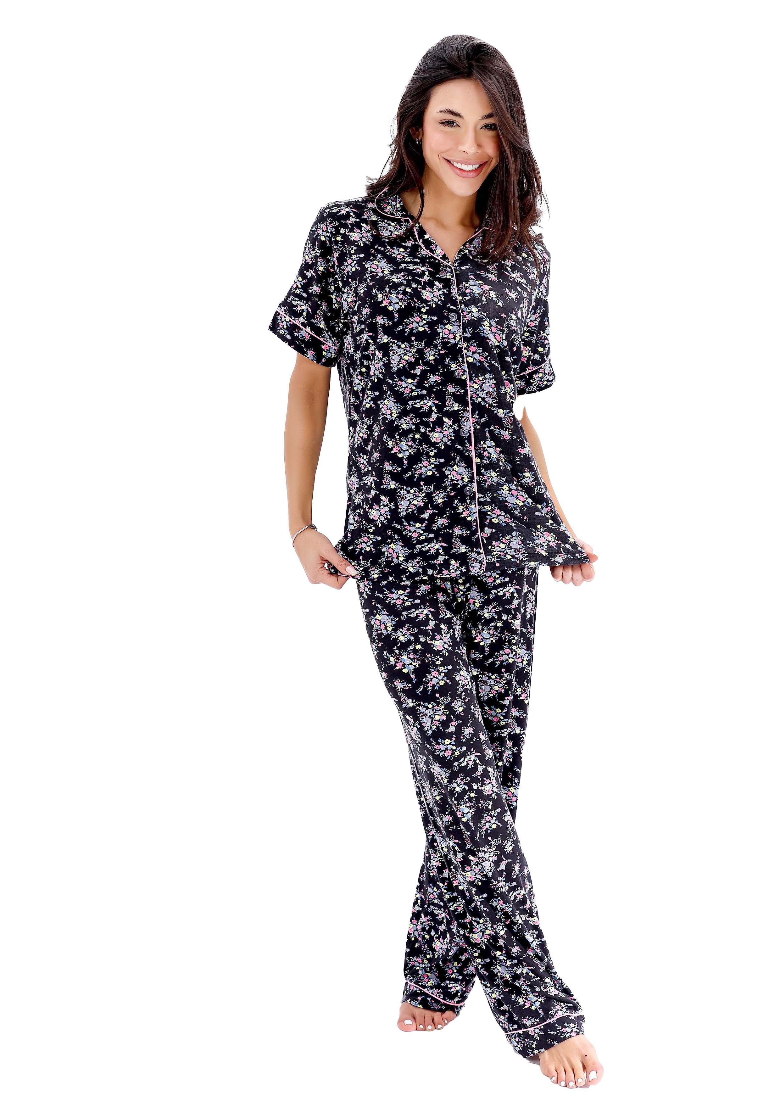 K402 MIDNIGHT SPRING GARDEN SHORT-SLEEVE BUTTON-UP PAJAMA SET