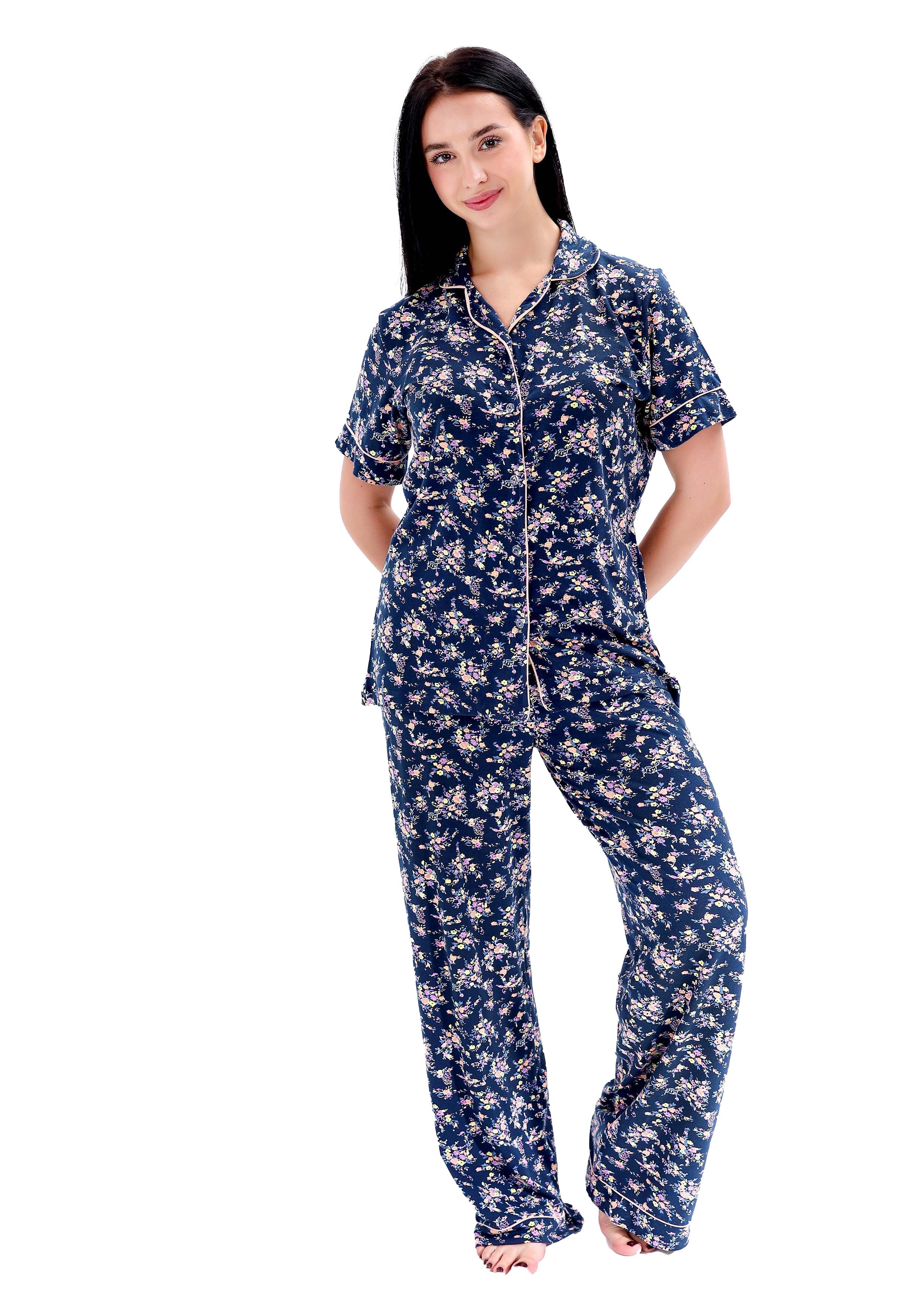 K402 MIDNIGHT SPRING GARDEN SHORT-SLEEVE BUTTON-UP PAJAMA SET
