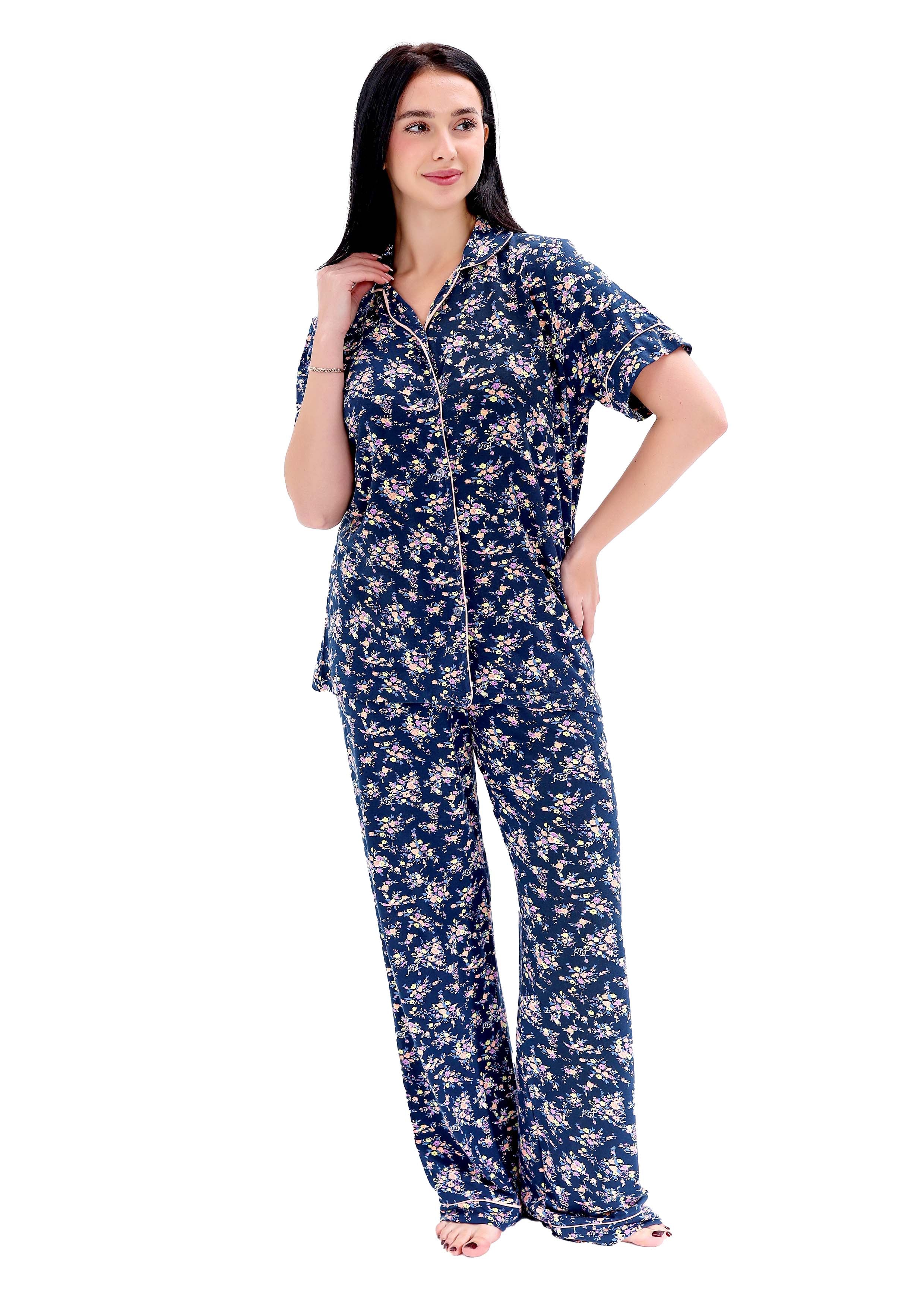 K402 MIDNIGHT SPRING GARDEN SHORT-SLEEVE BUTTON-UP PAJAMA SET