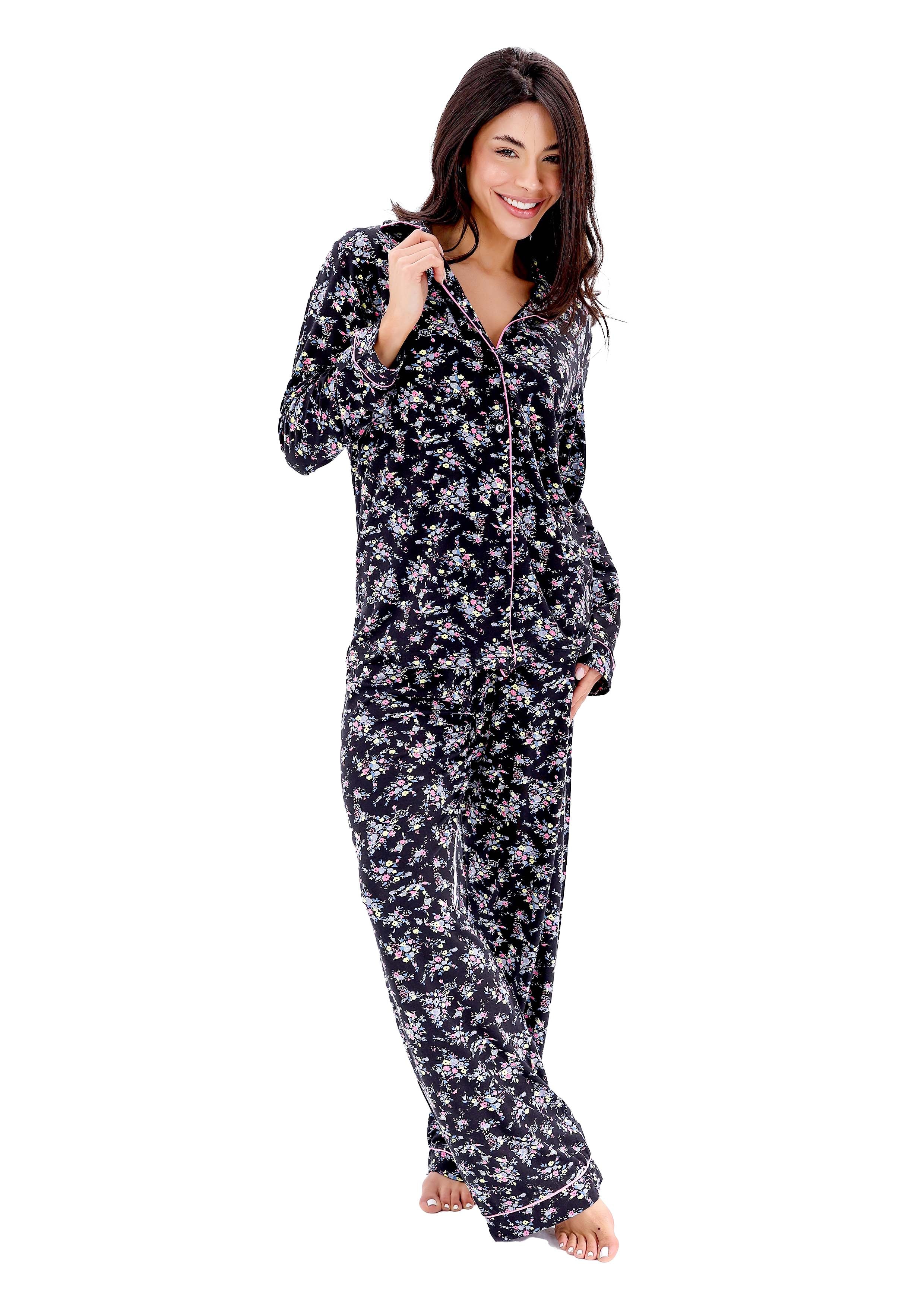 K604 MIDNIGHT SPRING GARDEN LONG-SLEEVE BUTTON-UP PAJAMA SET