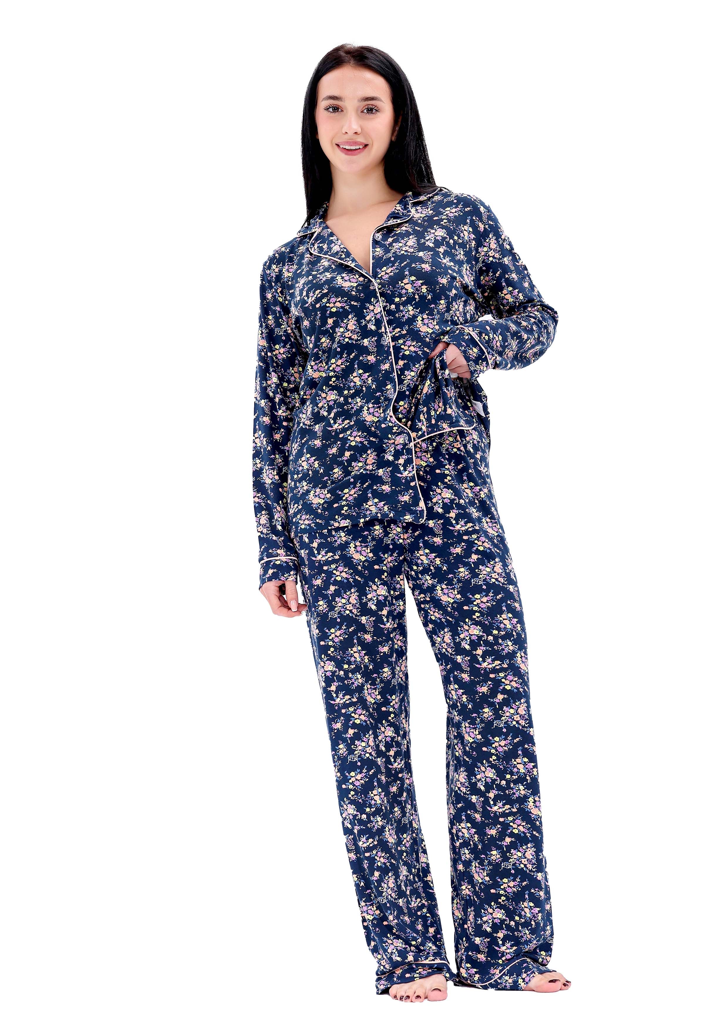 K604 MIDNIGHT SPRING GARDEN LONG-SLEEVE BUTTON-UP PAJAMA SET