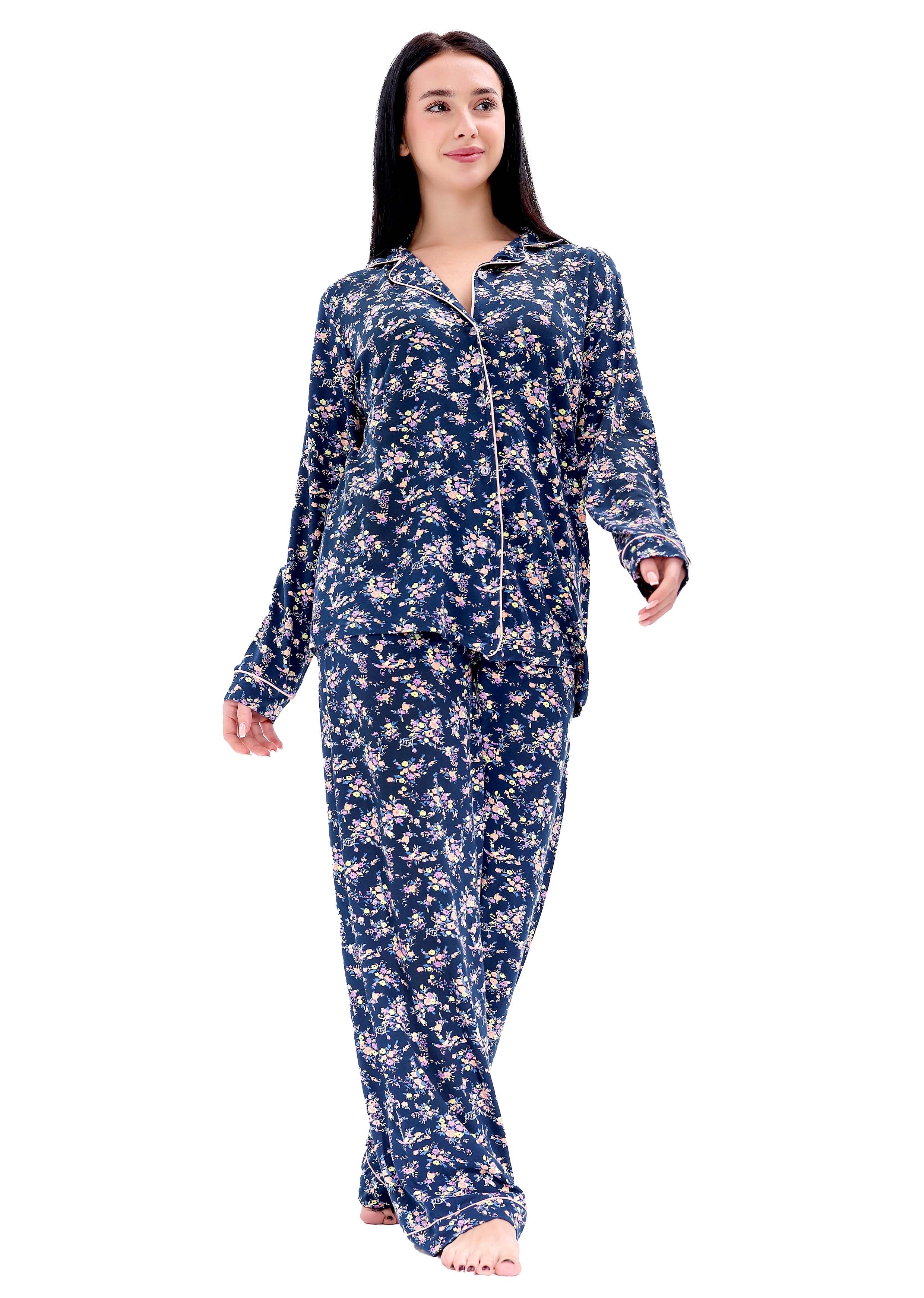 K604 MIDNIGHT SPRING GARDEN LONG-SLEEVE BUTTON-UP PAJAMA SET