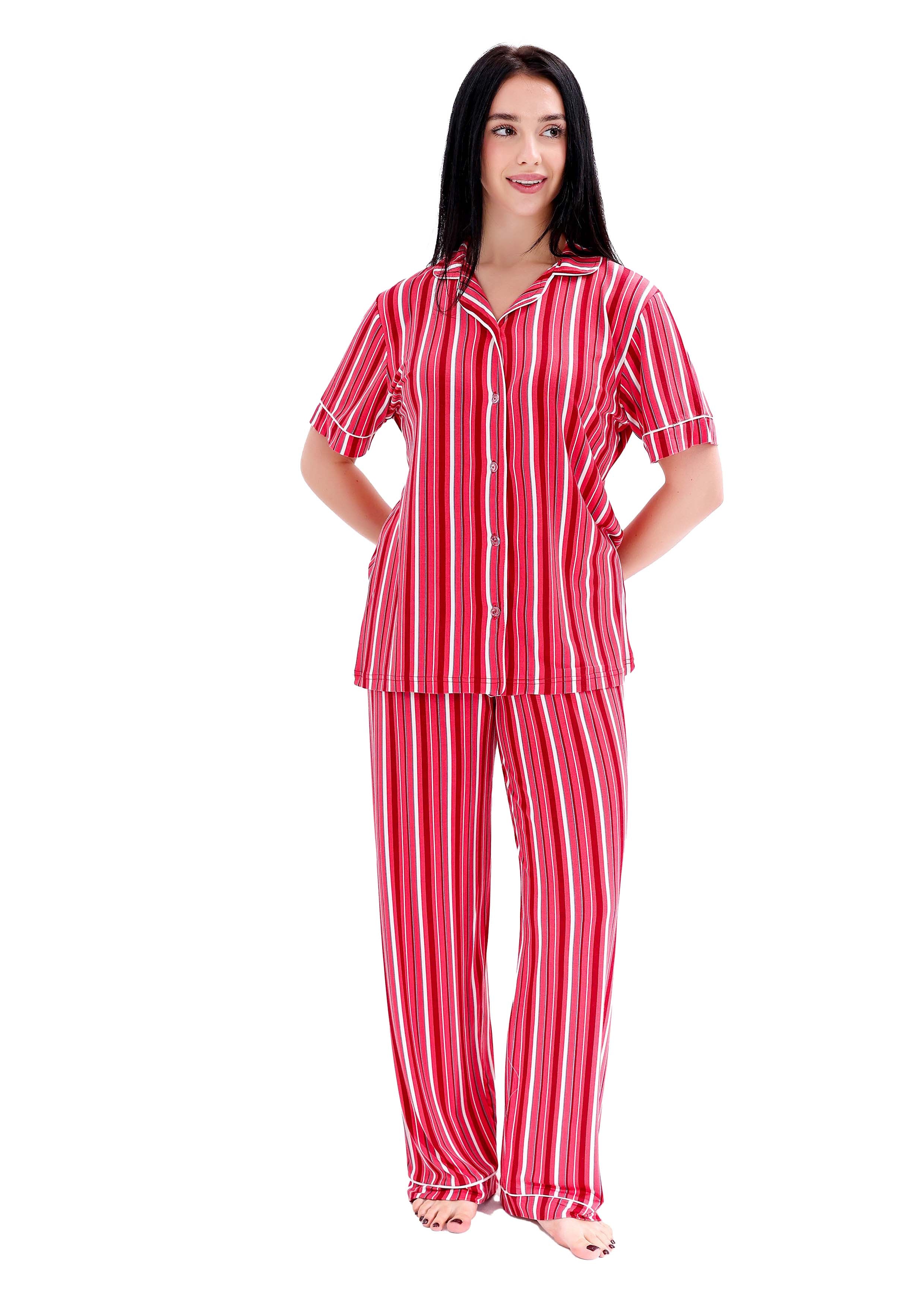 K403 SUMMER STRIPE SHORT-SLEEVE BUTTON-UP PAJAMA SET