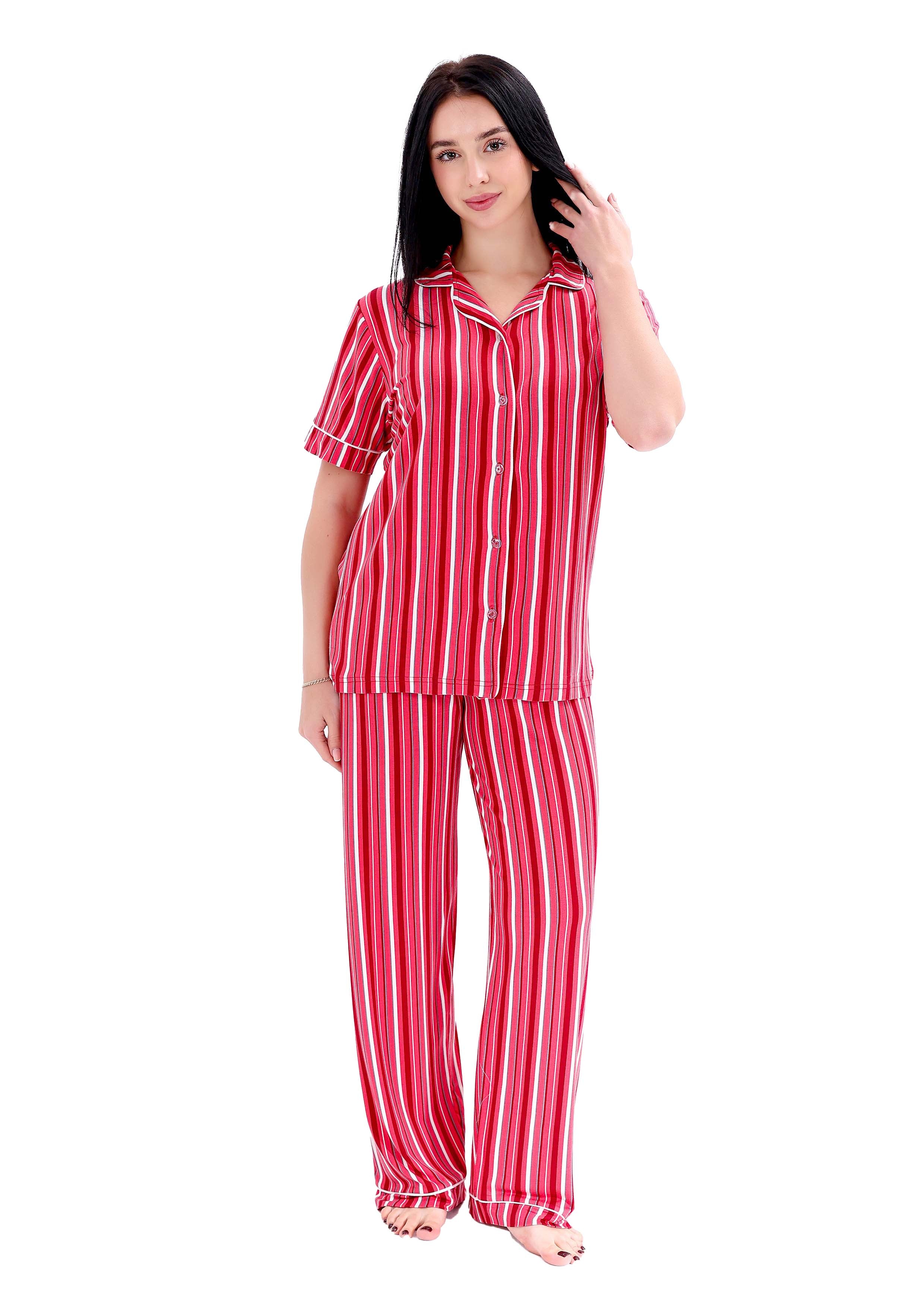 K403 SUMMER STRIPE SHORT-SLEEVE BUTTON-UP PAJAMA SET