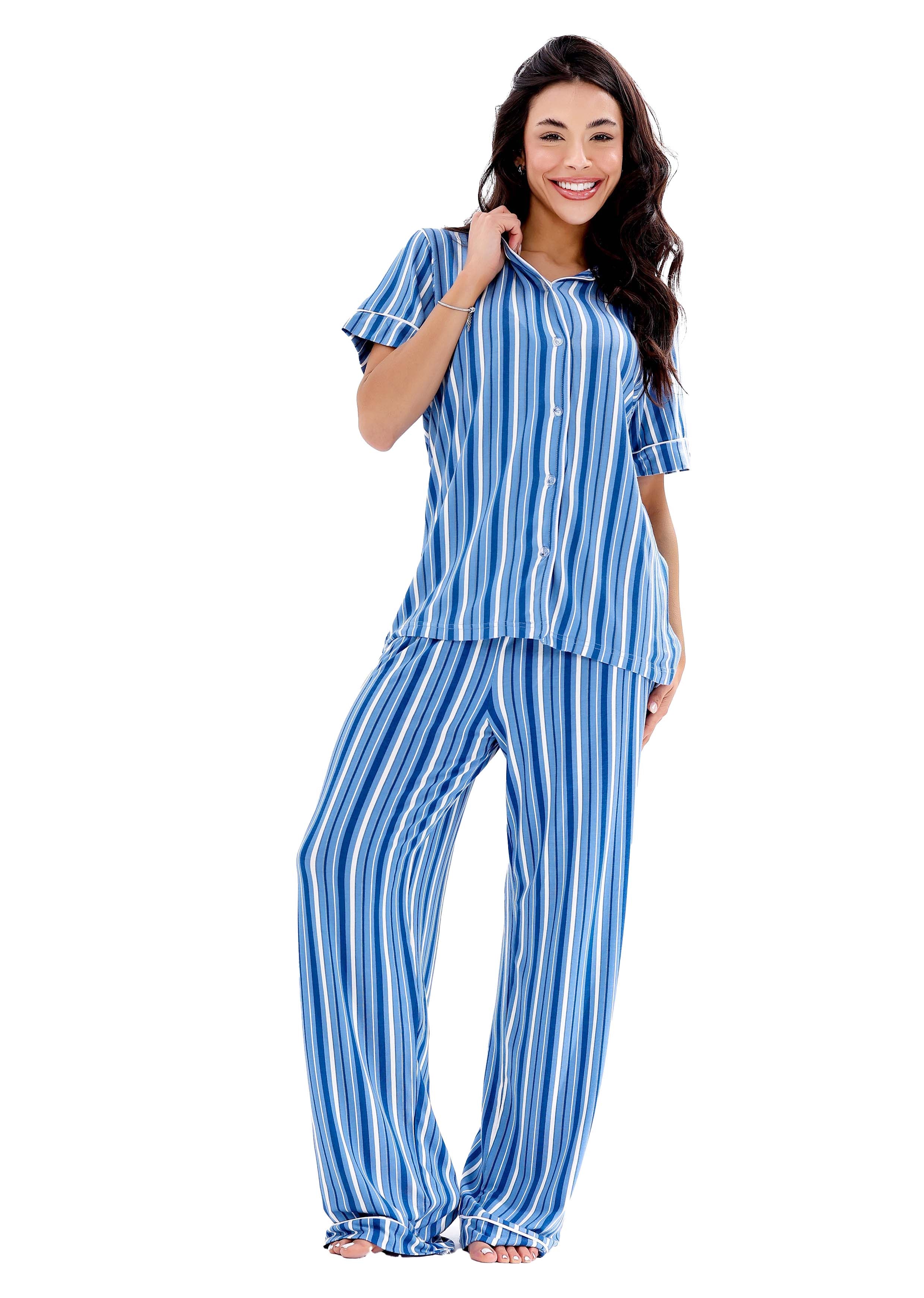 K403 SUMMER STRIPE SHORT-SLEEVE BUTTON-UP PAJAMA SET
