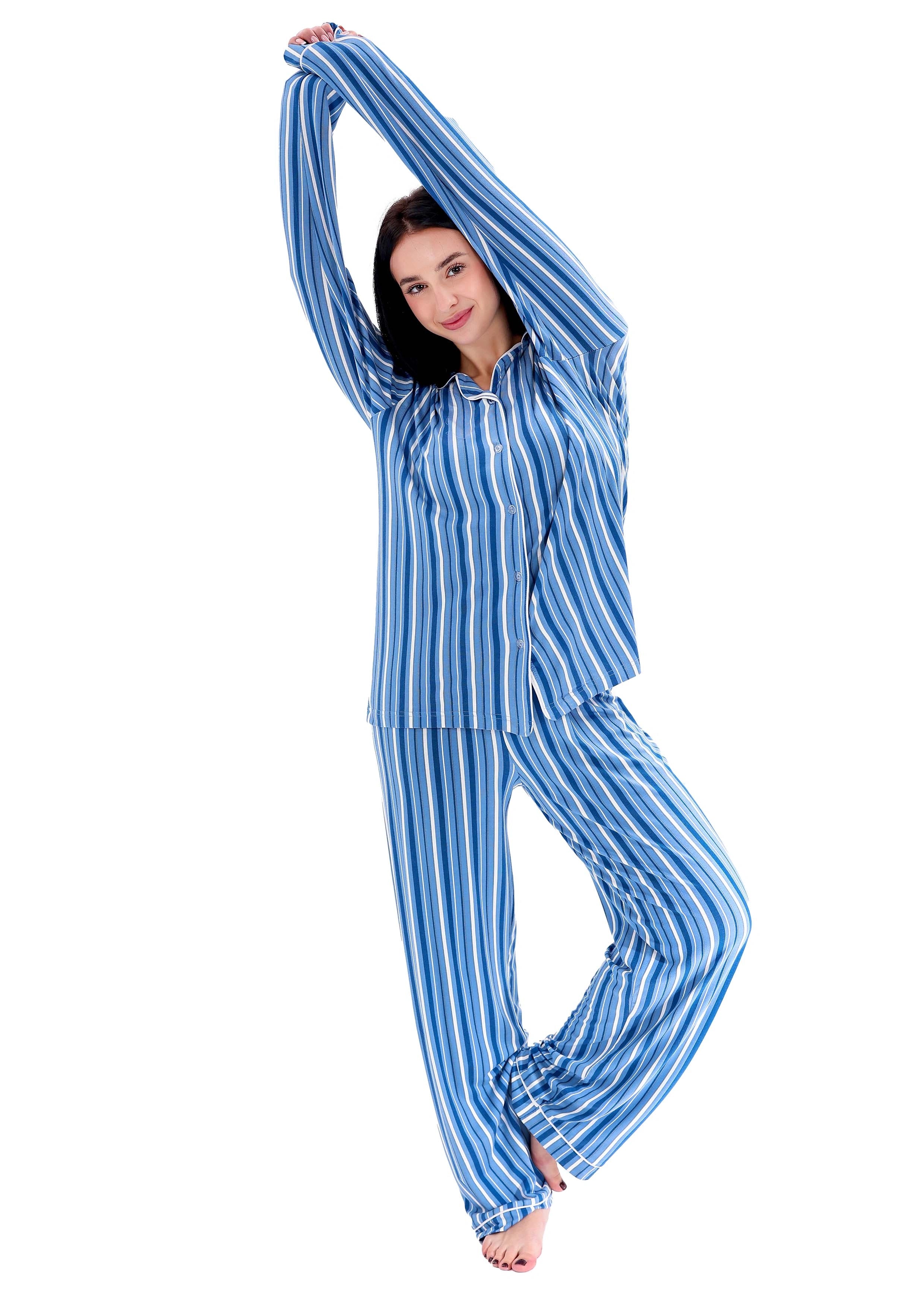 K605 SUMMER STRIPE LONG-SLEEVE BUTTON-UP PAJAMA SET