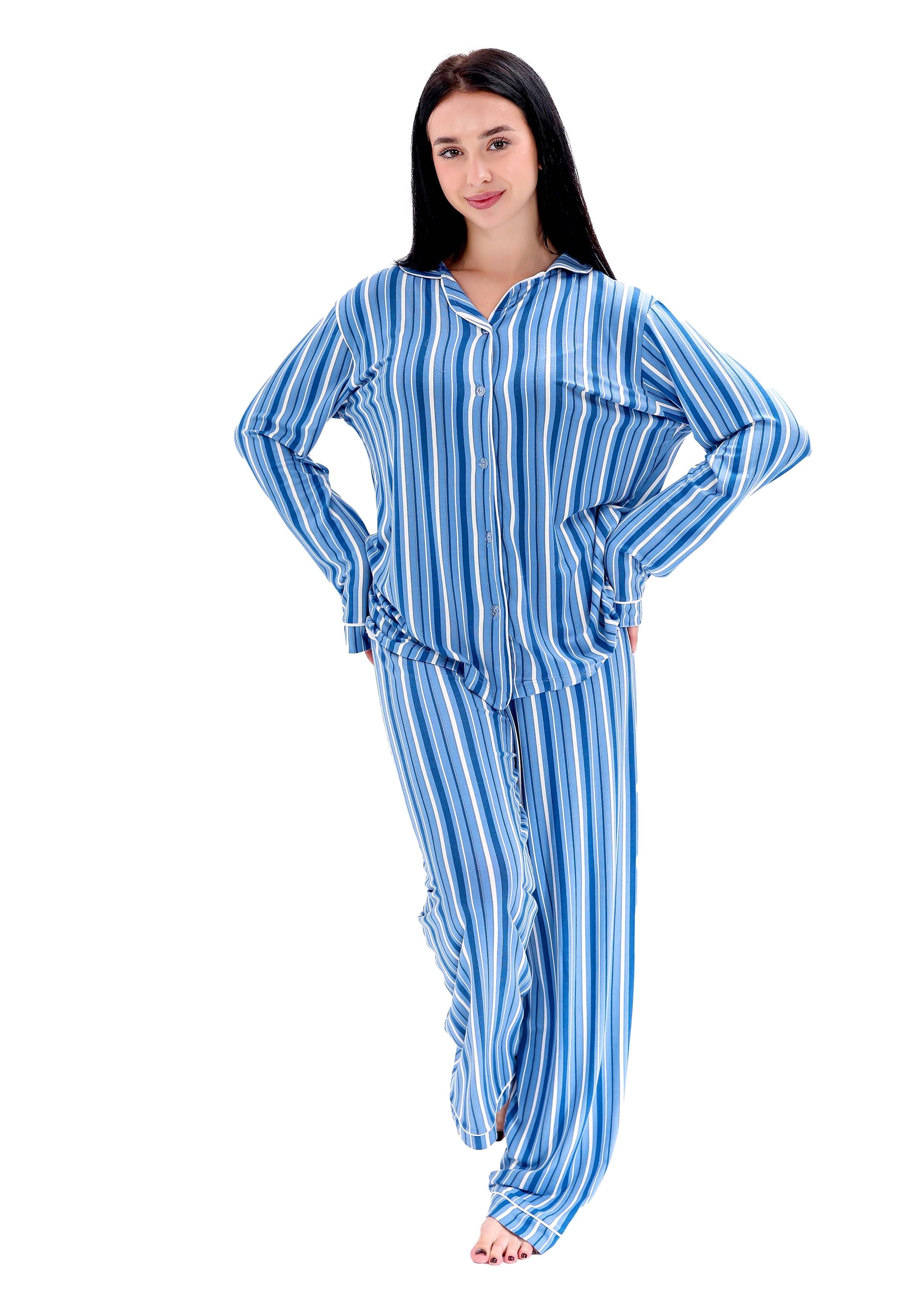K605 SUMMER STRIPE LONG-SLEEVE BUTTON-UP PAJAMA SET