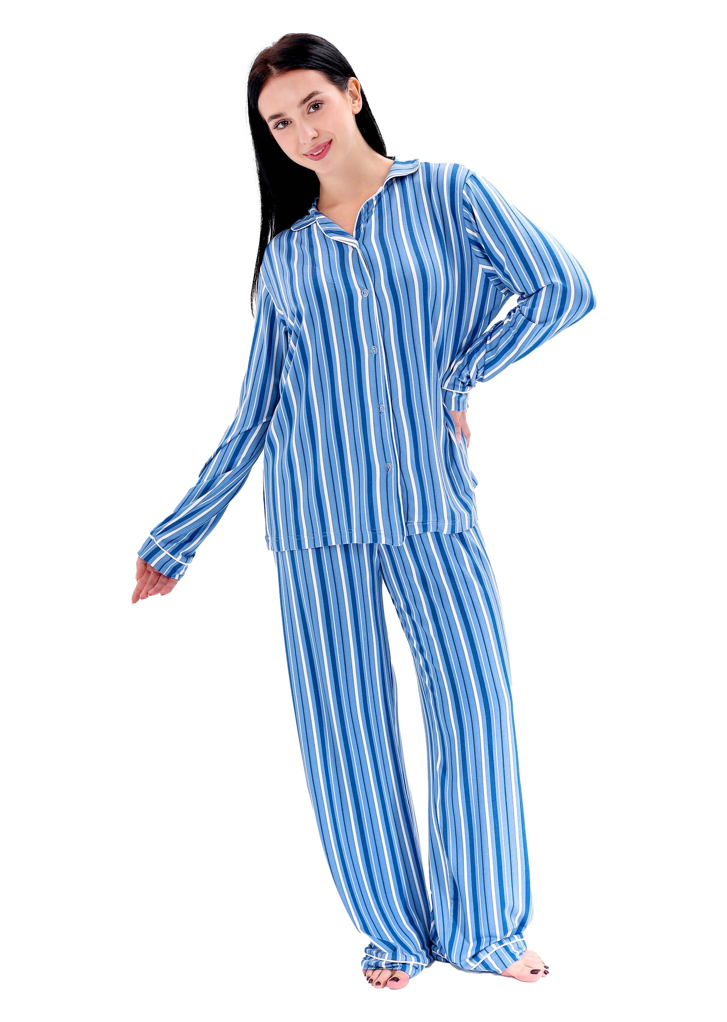K605 SUMMER STRIPE LONG-SLEEVE BUTTON-UP PAJAMA SET