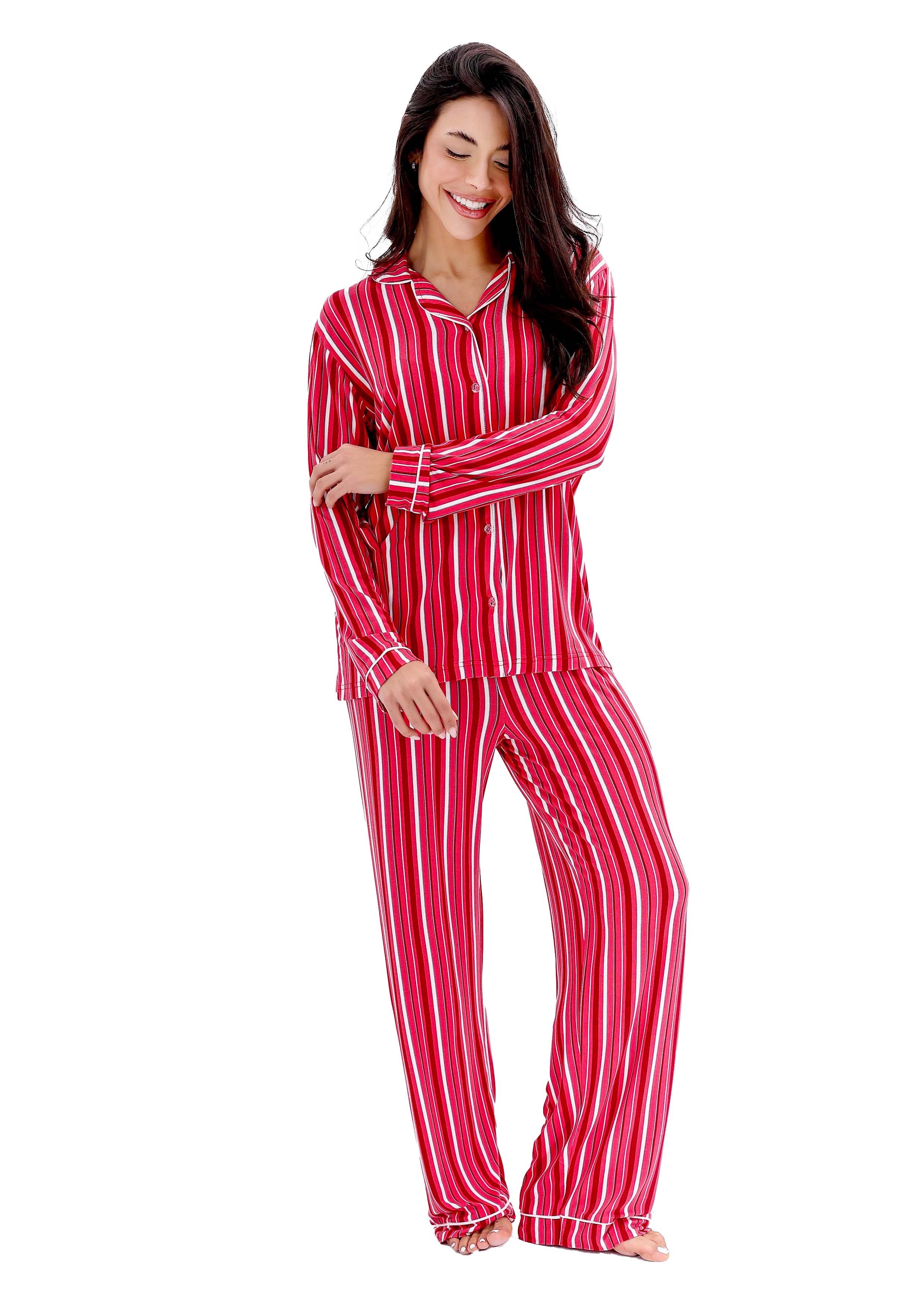 K605 SUMMER STRIPE LONG-SLEEVE BUTTON-UP PAJAMA SET