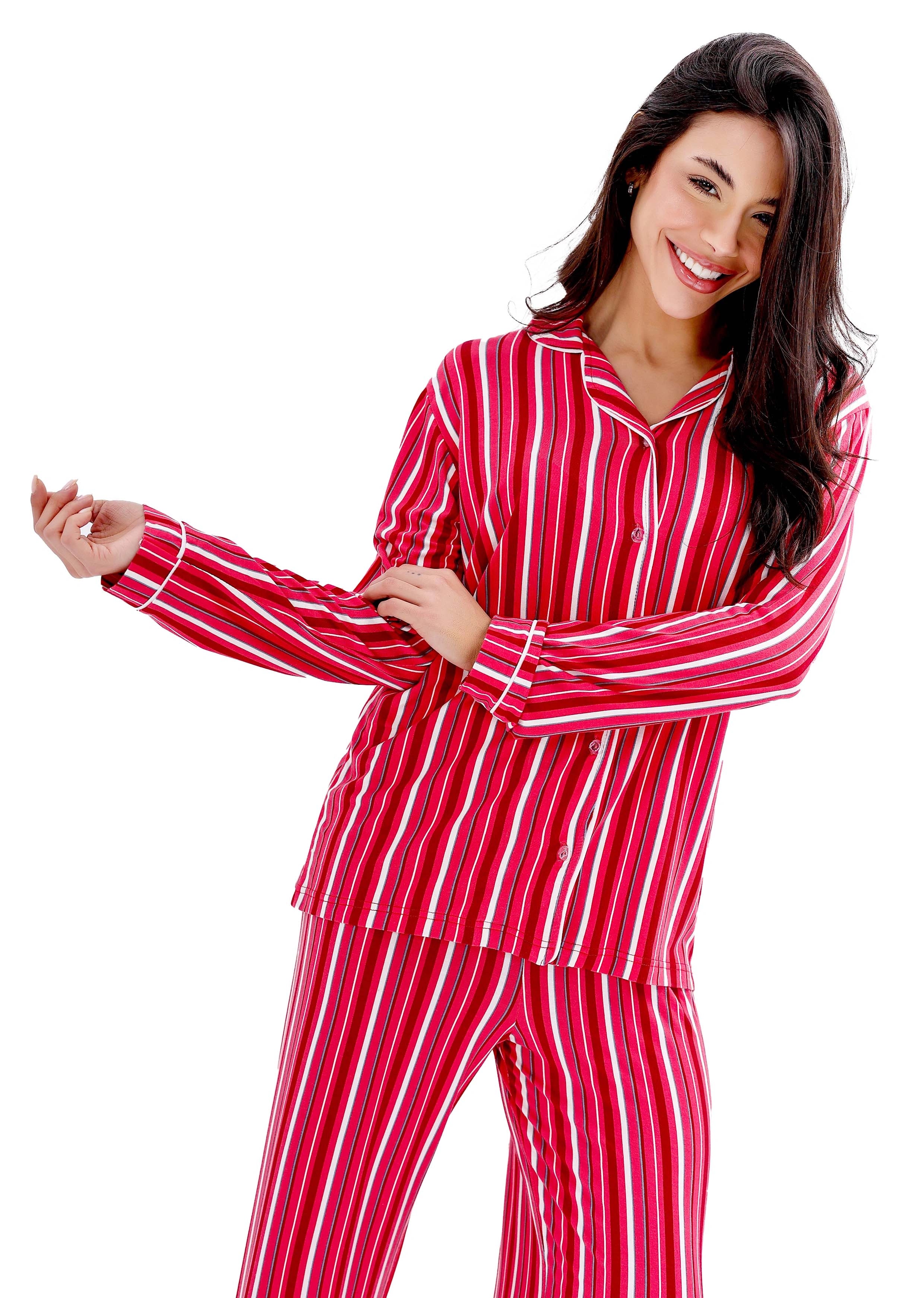 K605 SUMMER STRIPE LONG-SLEEVE BUTTON-UP PAJAMA SET