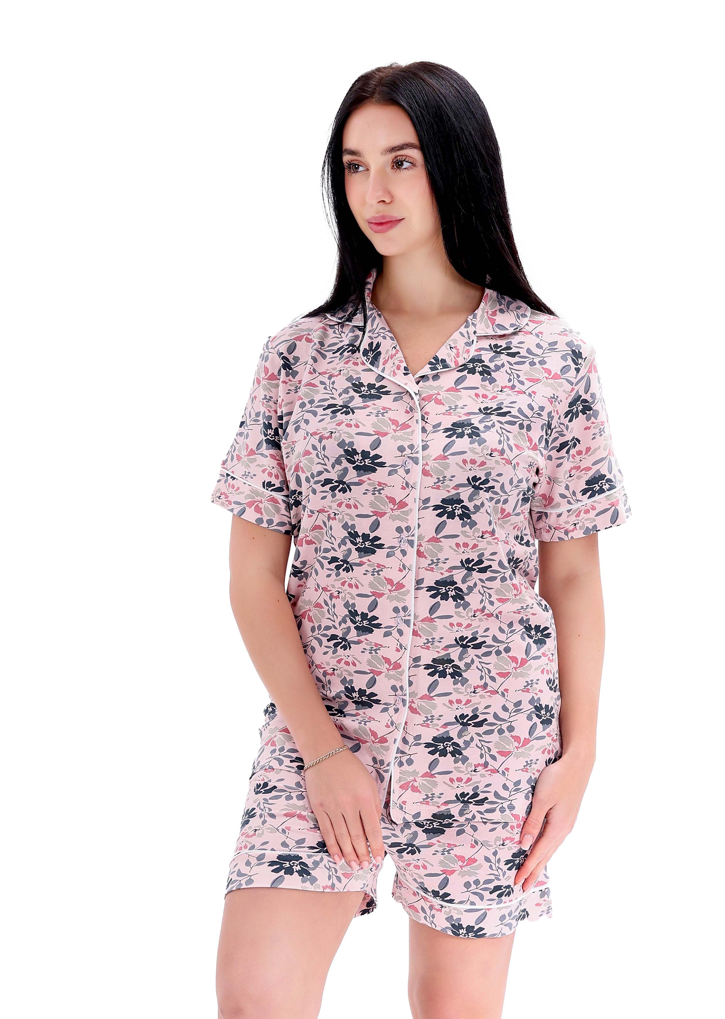 K501 PURPLE CHERRY TREE BUTTON-UP SHORTS PAJAMA SET