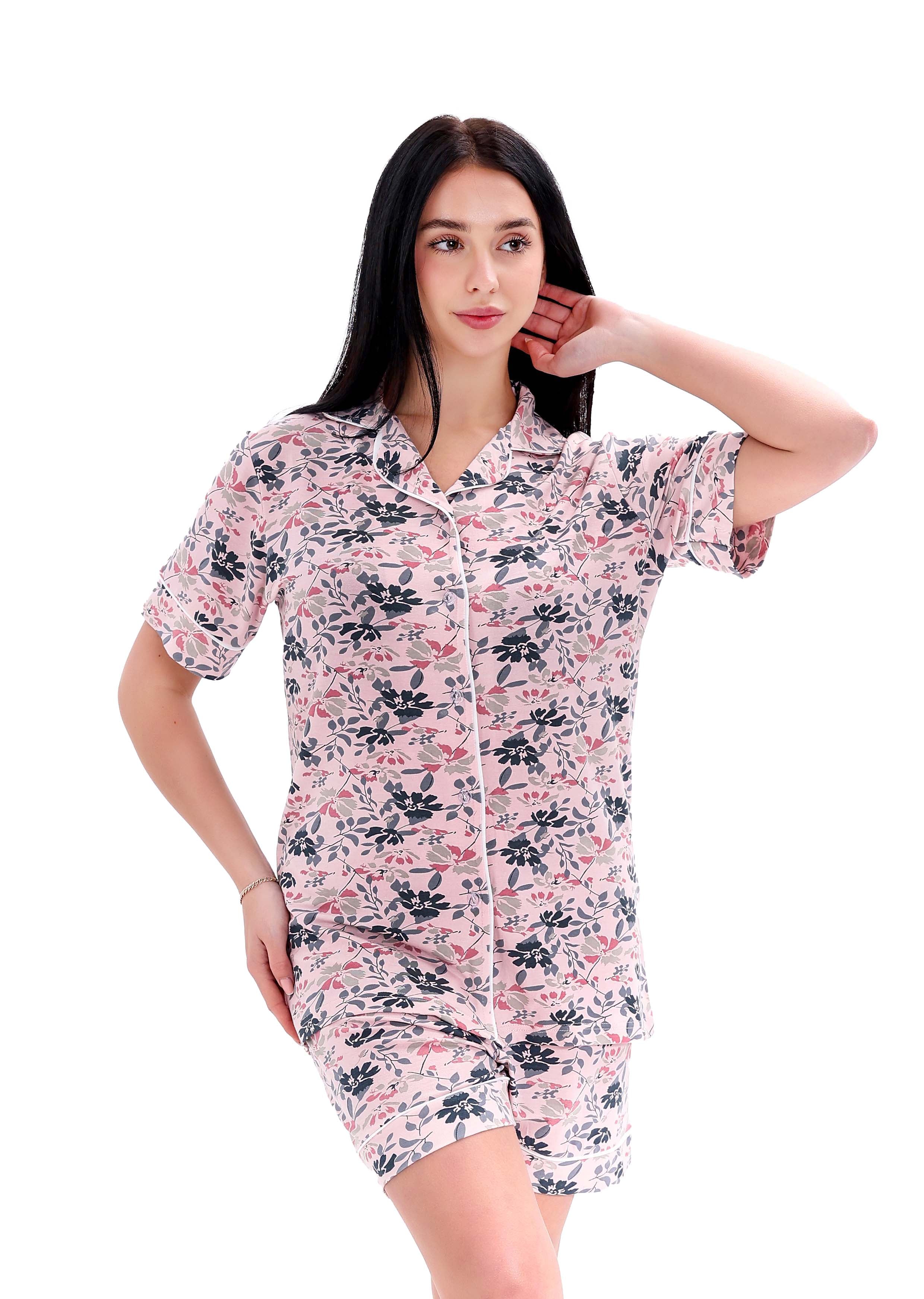 K501 PURPLE CHERRY TREE BUTTON-UP SHORTS PAJAMA SET