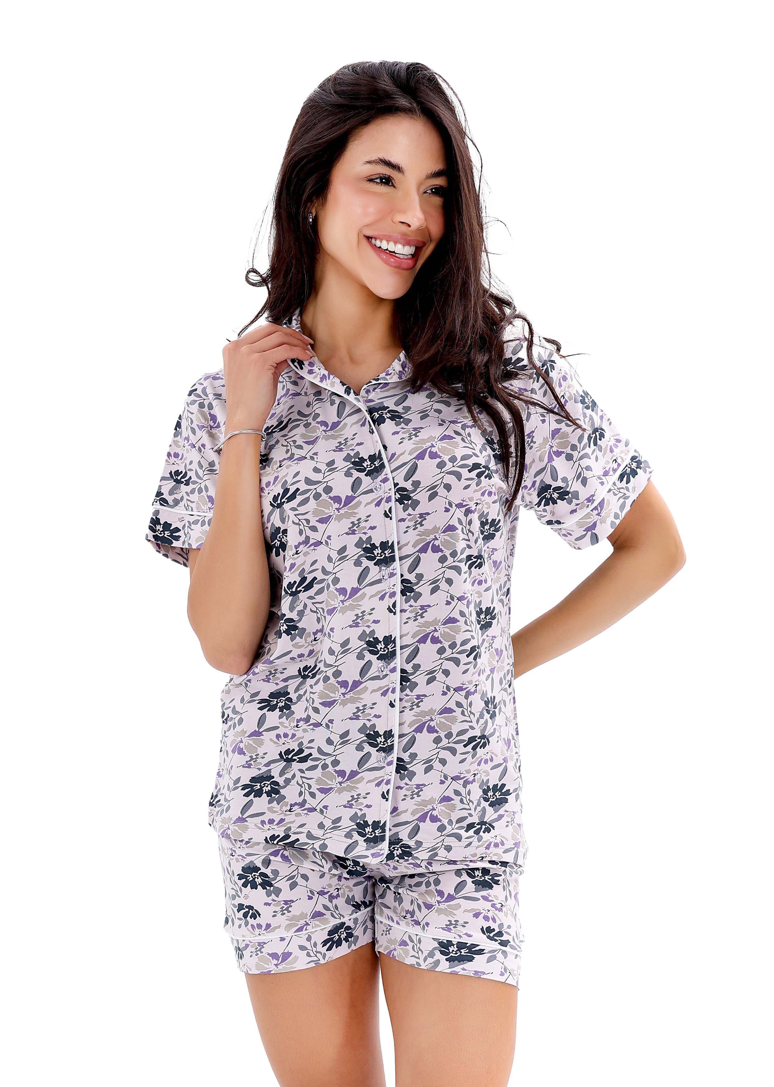 K501 PURPLE CHERRY TREE BUTTON-UP SHORTS PAJAMA SET