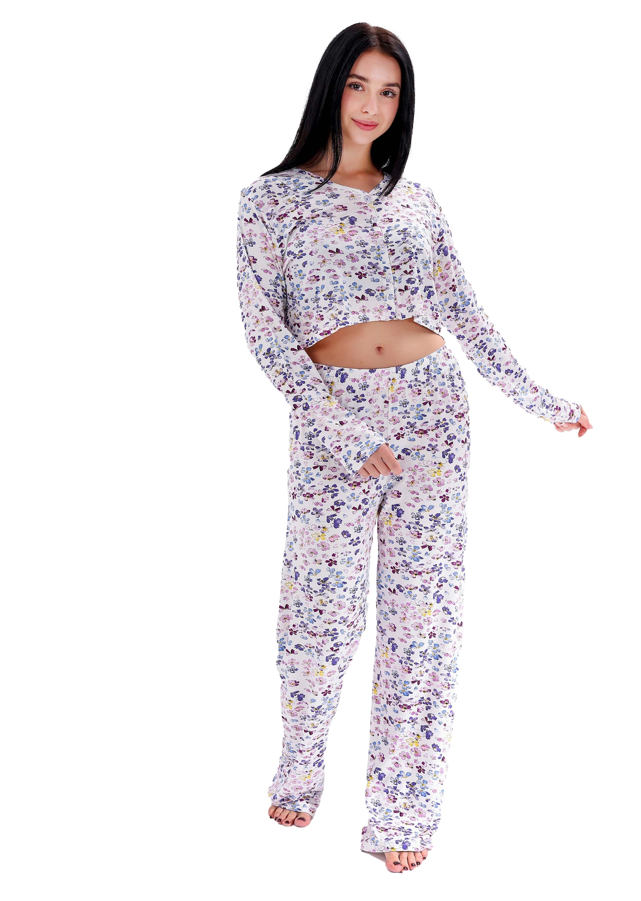 K607 LITTLE BUTTERFLY LONG-SLEEVE BUTTON-UP CROPPED TOP PAJAMA SET