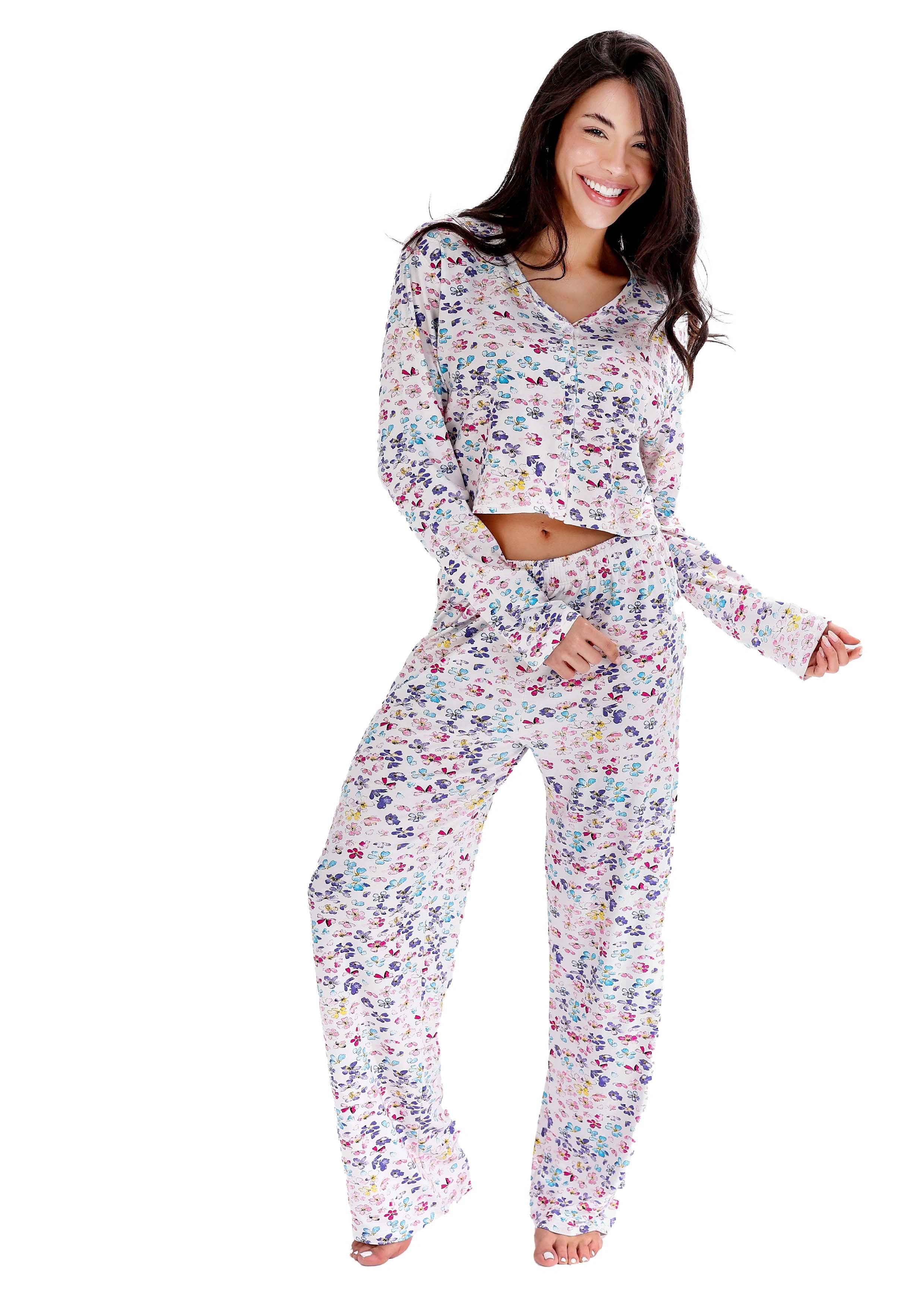 K607 LITTLE BUTTERFLY LONG-SLEEVE BUTTON-UP CROPPED TOP PAJAMA SET