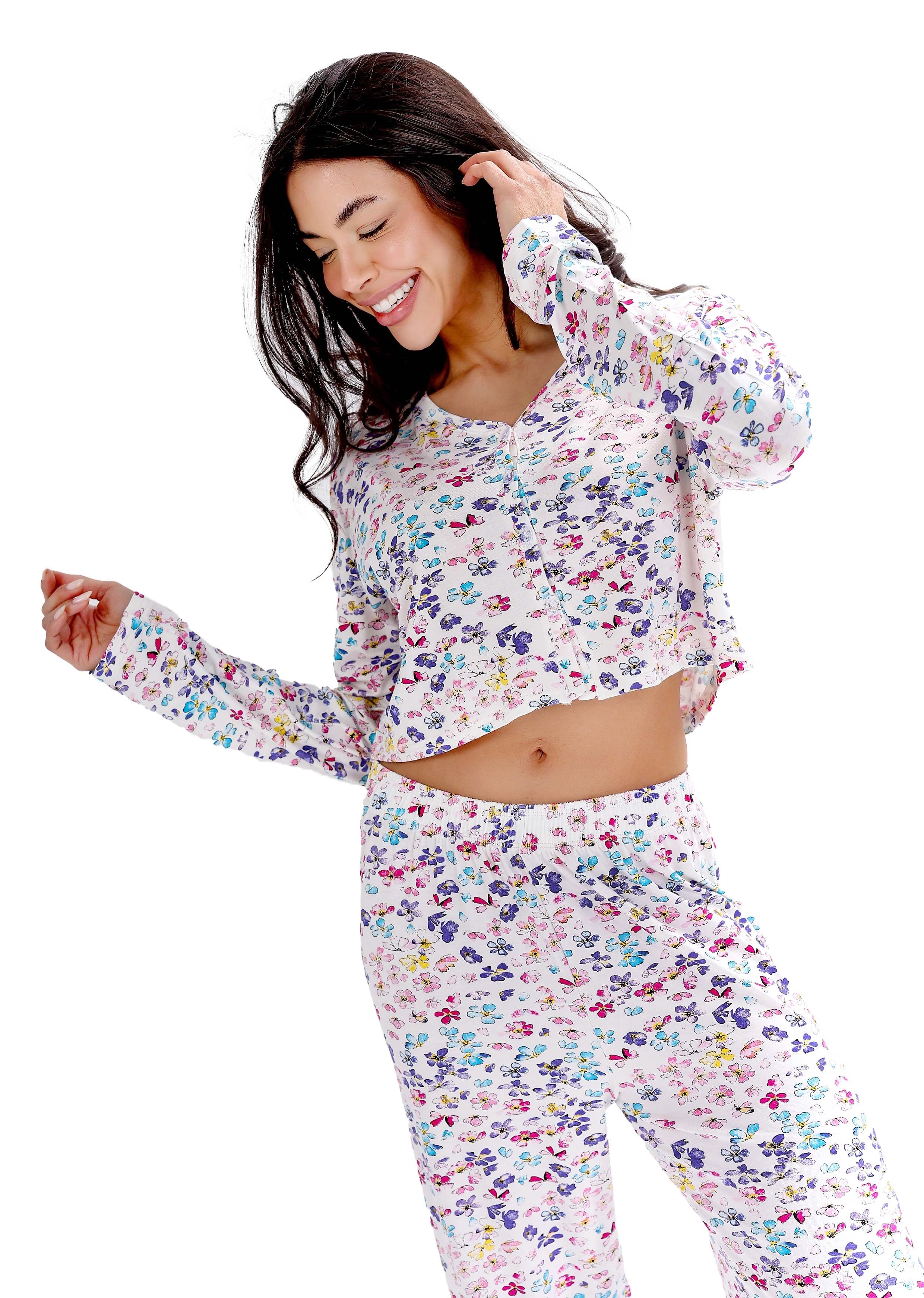 K607 LITTLE BUTTERFLY LONG-SLEEVE BUTTON-UP CROPPED TOP PAJAMA SET