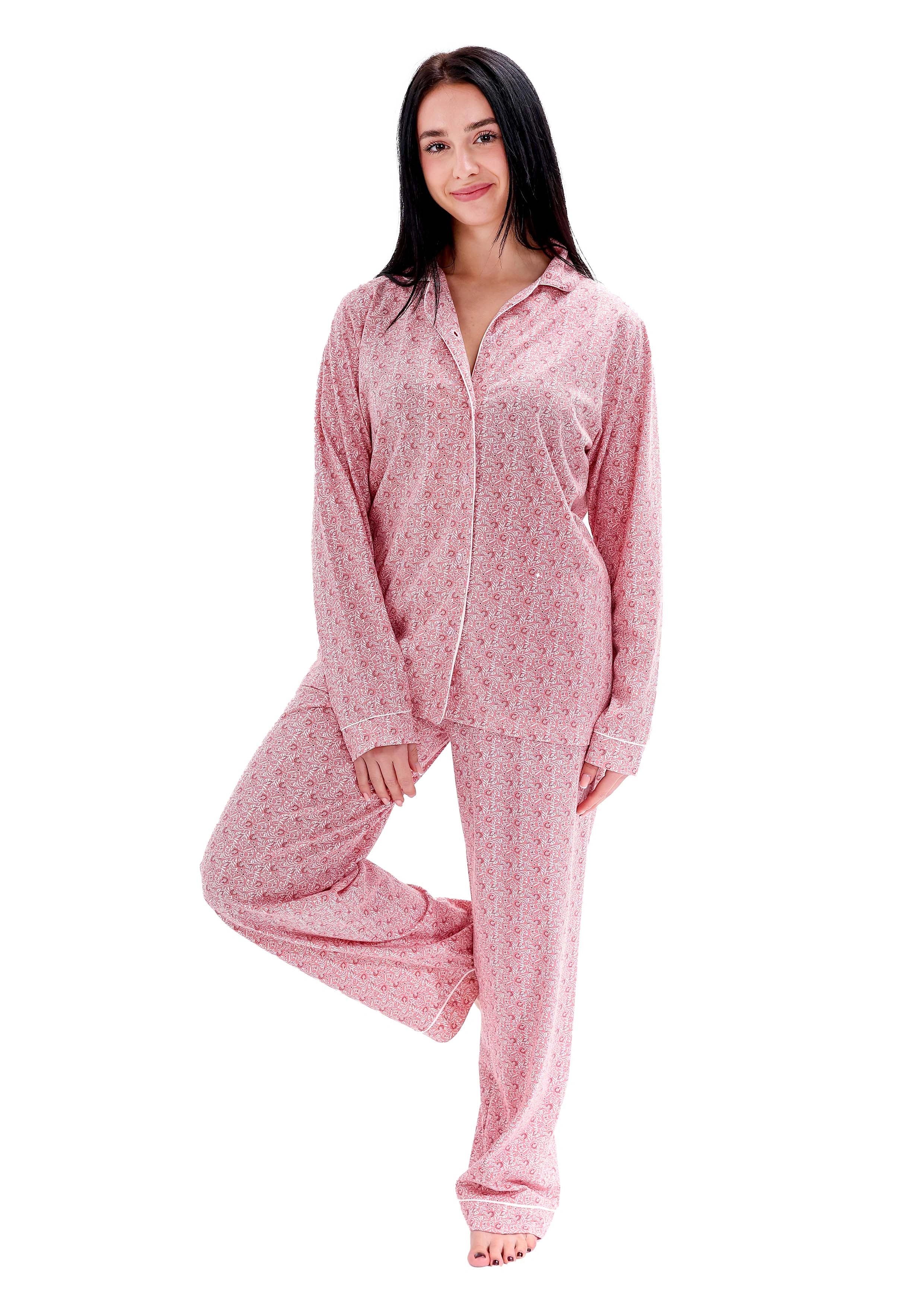 L600 SPRING PASTEL FLOWERS LONG-SLEEVE BUTTON-UP PAJAMA SET