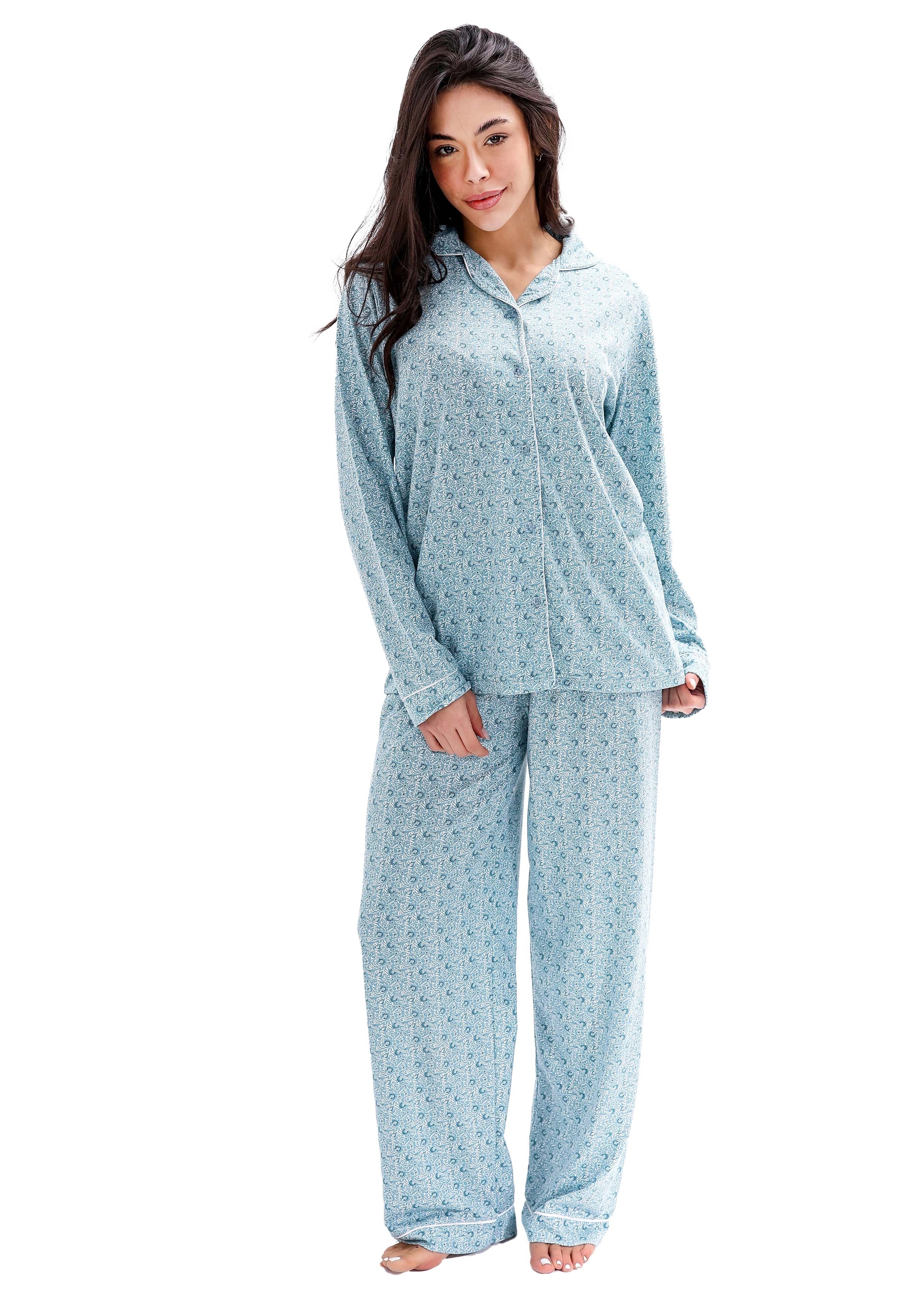 L600 SPRING PASTEL FLOWERS LONG-SLEEVE BUTTON-UP PAJAMA SET